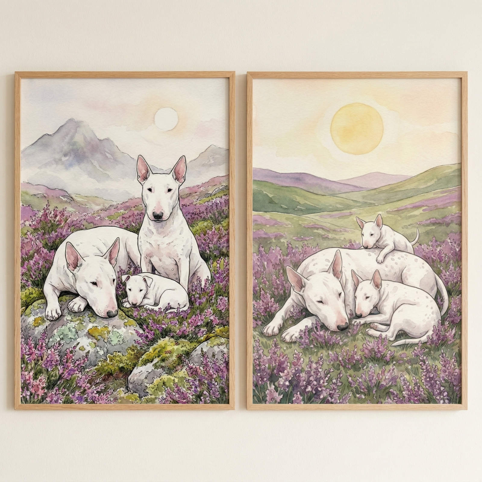 A pair of two vertical framed illustrations featuring families of white bull terriers are displayed on an off-white wall. Both images are created in a soft, watercolor-like style.

The illustration on the left shows two adult white bull terriers and a small puppy. One adult dog rests its head on a mossy rock, while the other sits attentively behind it. The tiny puppy is nestled between them. They are positioned in a field of purple flowers with rugged mountains and a pale sun in the background.

