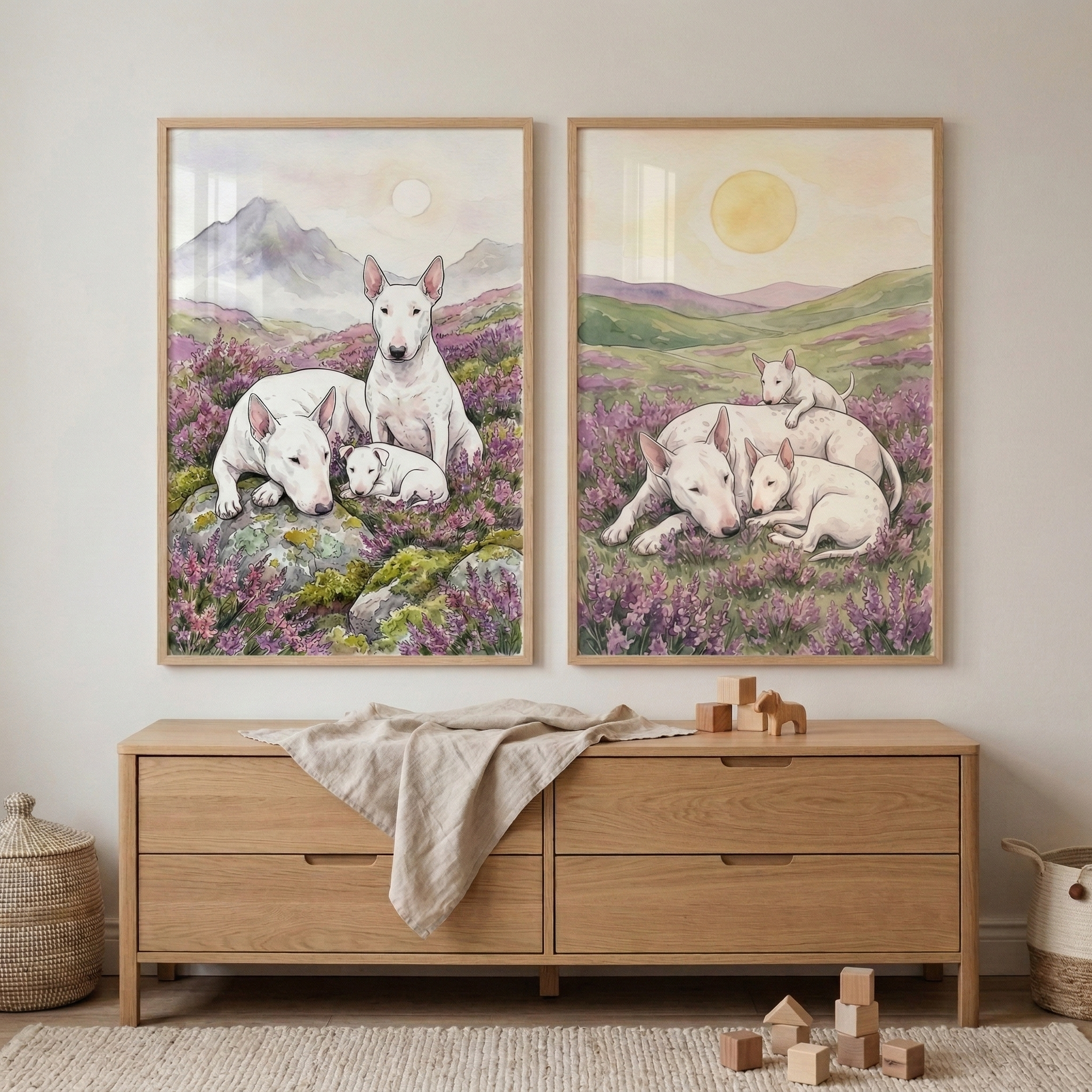 Blooming Purple Bull Terrier Artwork Set of 2 - Highland Terrier Family