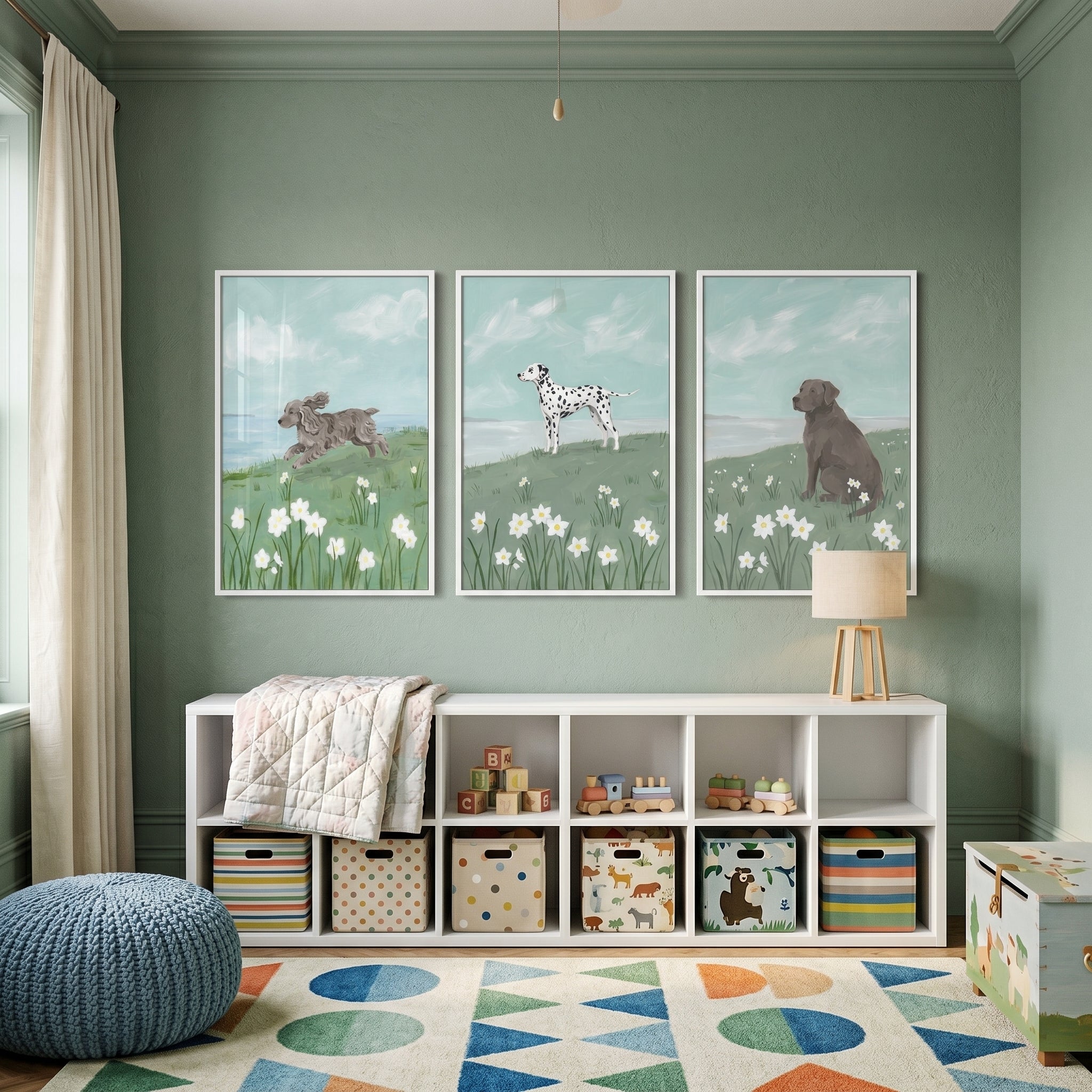 Blooming White Daffodil Dogs Wall Art Set of 3 - Seaside Canine Fields
