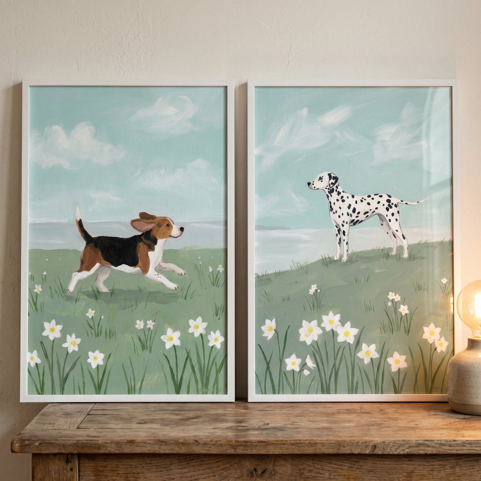 Blooming white narcissus dogs wall art set of 2 featuring a beagle and dalmatian in green fields with white flowers.