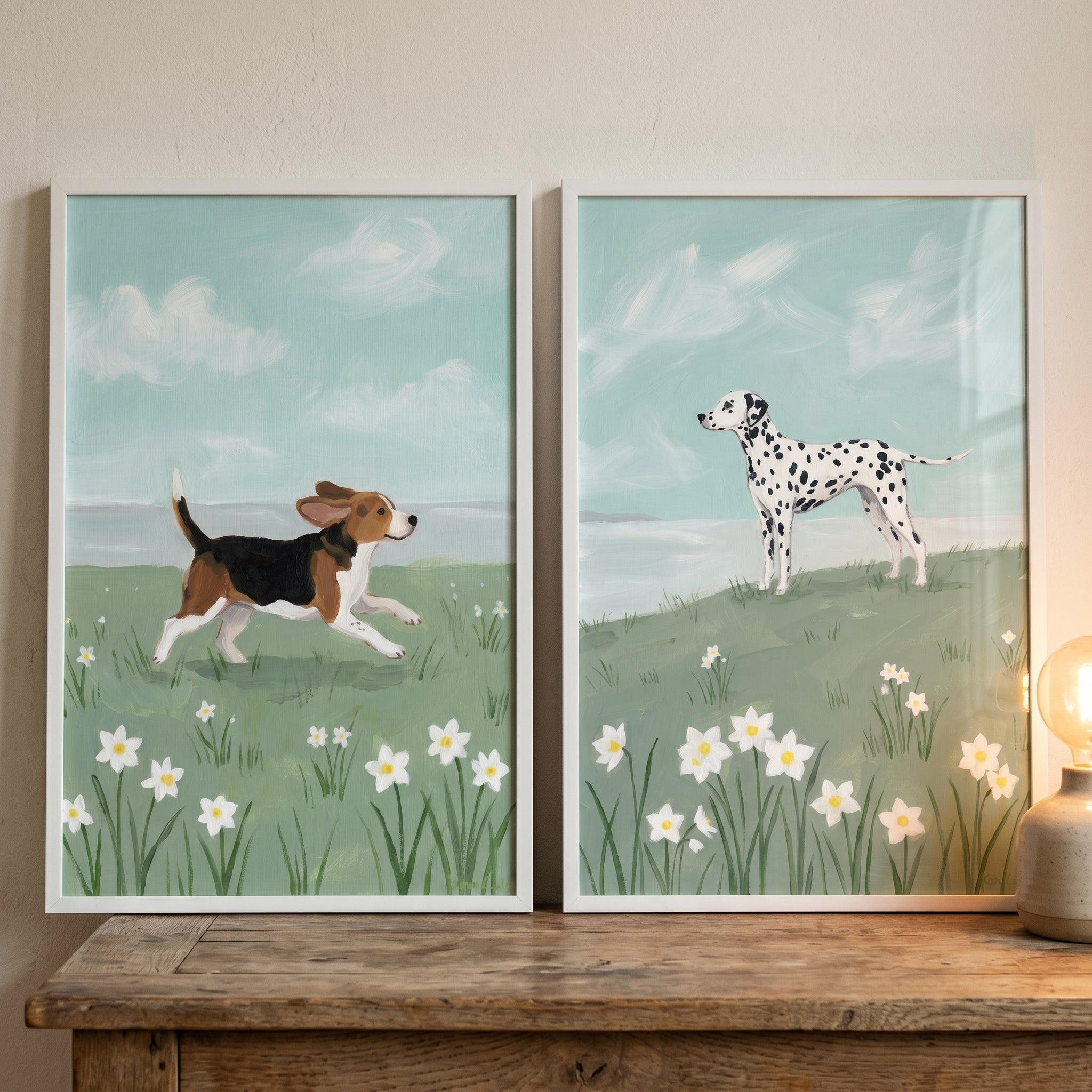 Blooming White Narcissus Dogs Wall Art Set of 2 - Springtime Hounds