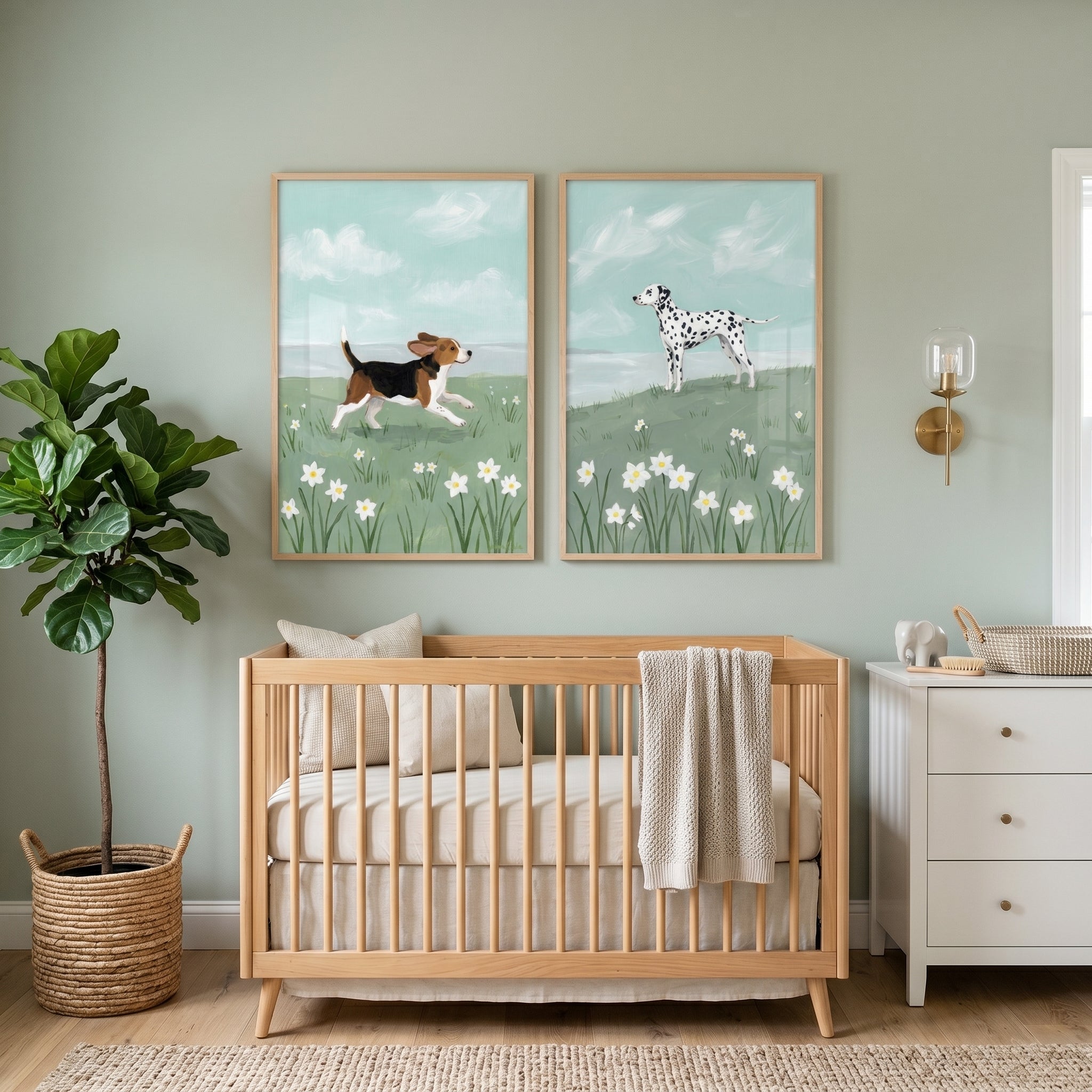 Blooming White Narcissus Dogs Wall Art Set of 2 - Springtime Hounds