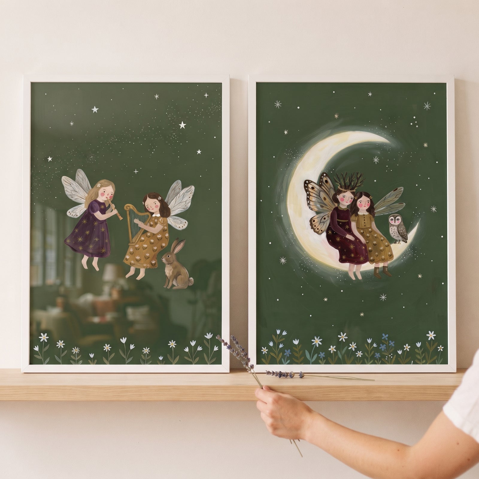 Blooming wildflower winged fairies wall art set of 2 with forest creatures and a crescent moon on dark green backgrounds.