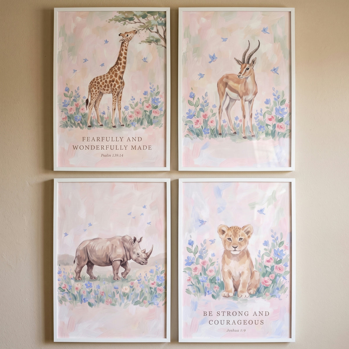 Blossom Bluebird Safari Animal Wall Art Set of 4 - Gentle Jungle Faith