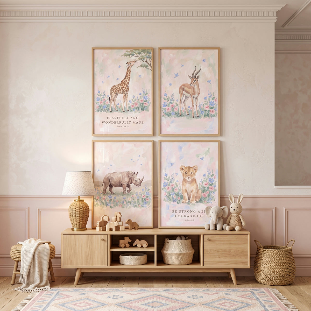 Blossom Bluebird Safari Animal Wall Art Set of 4 - Gentle Jungle Faith