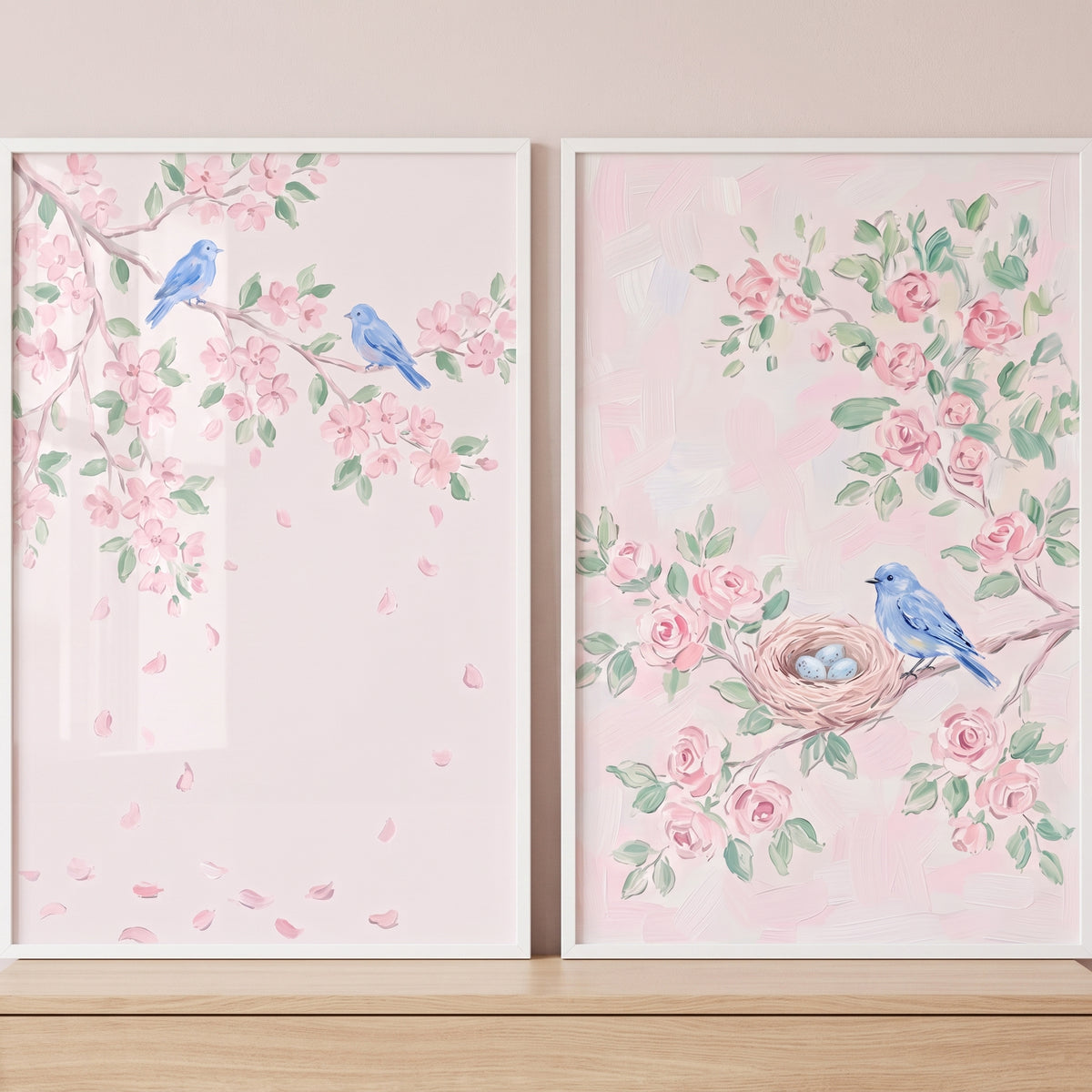 Blossom branch blue bird wall art set of 2 shows bluebirds, a nest with eggs, and pink flowers in white frames.