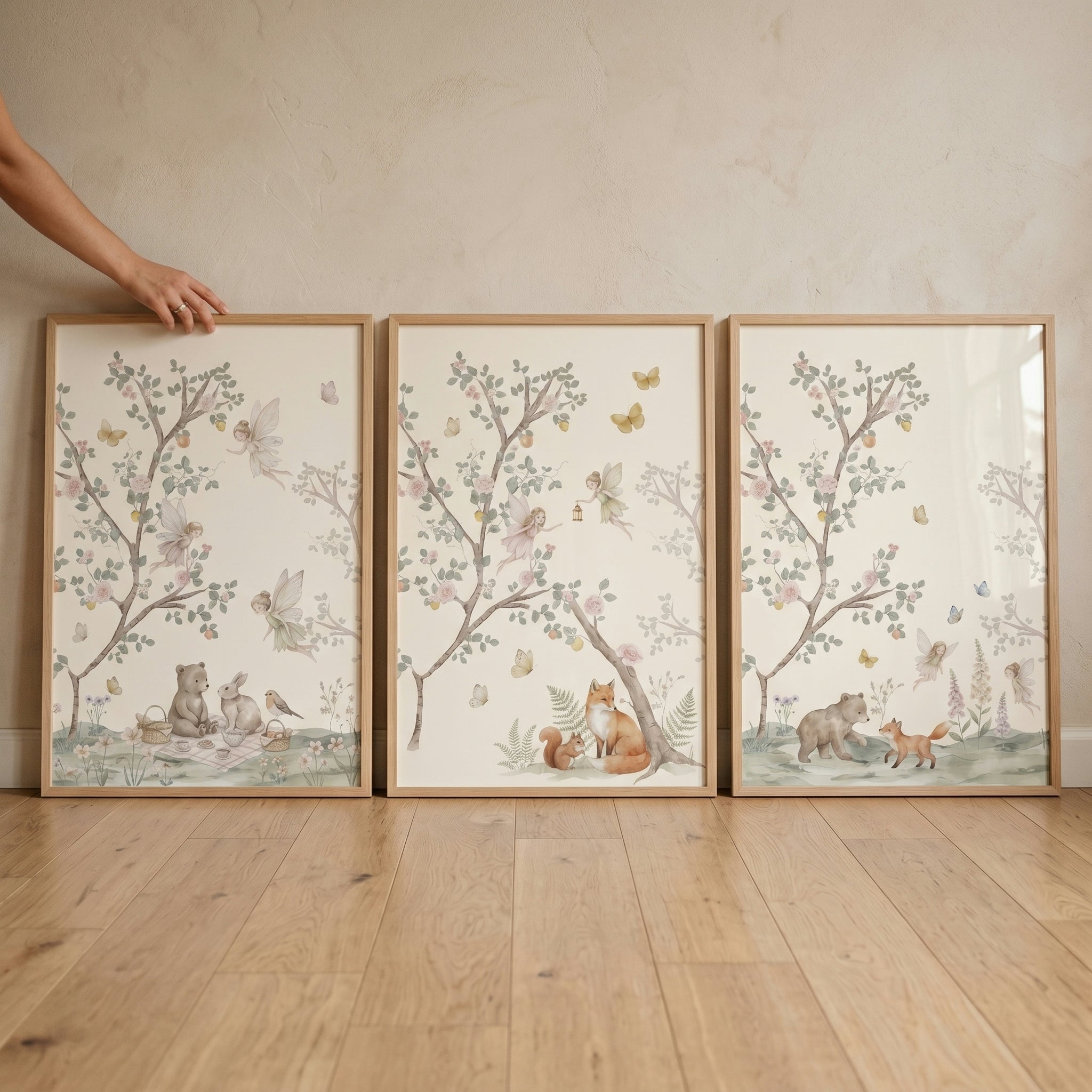Blossom Branch Woodland Fairies Wall Art Set of 3 - Whimsical Forest Friends