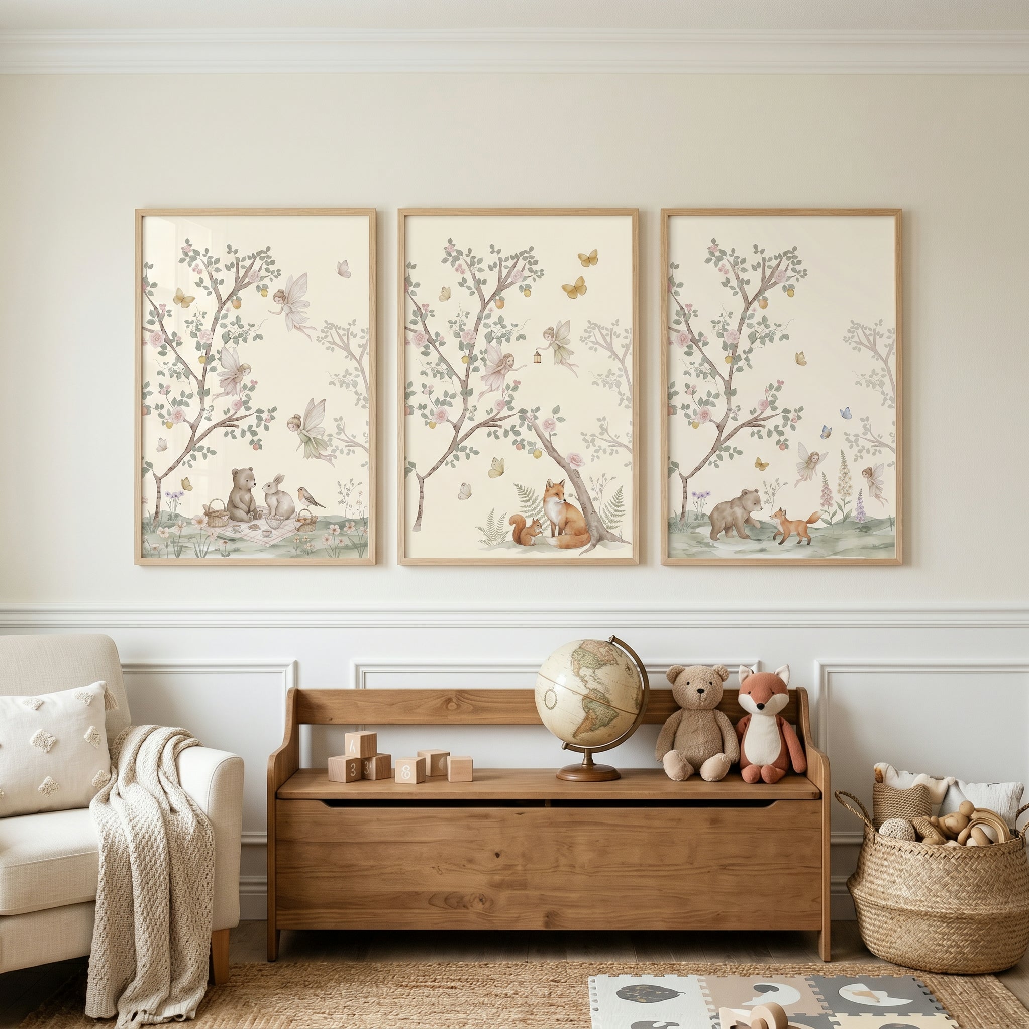Blossom Branch Woodland Fairies Wall Art Set of 3 - Whimsical Forest Friends