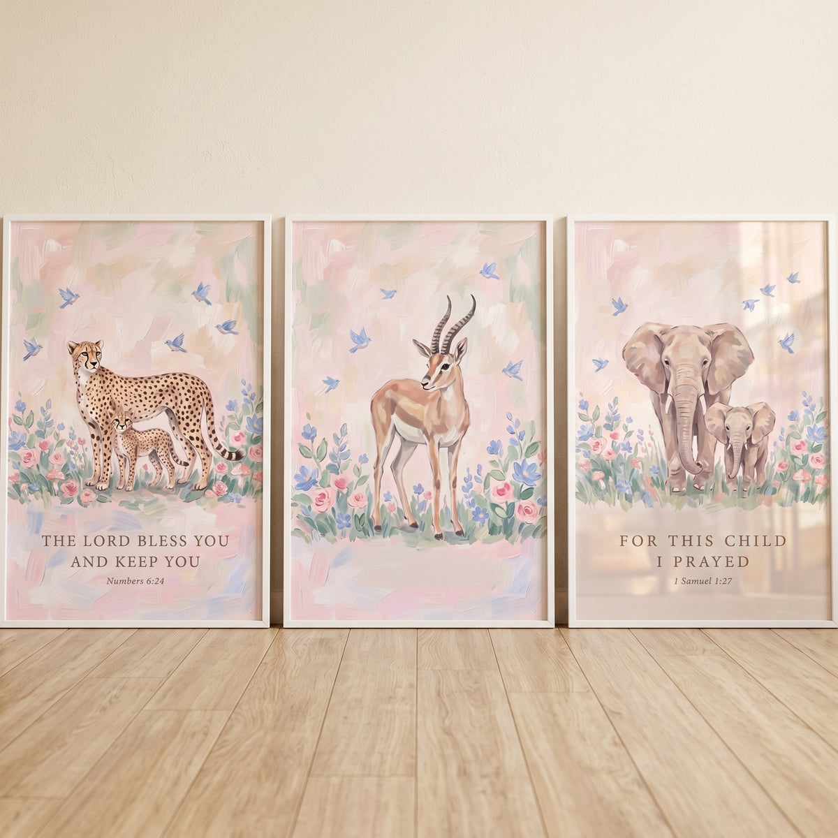 Blossom songbird safari animals print set of 3 with a cheetah, gazelle, and elephant featuring Bible verses.