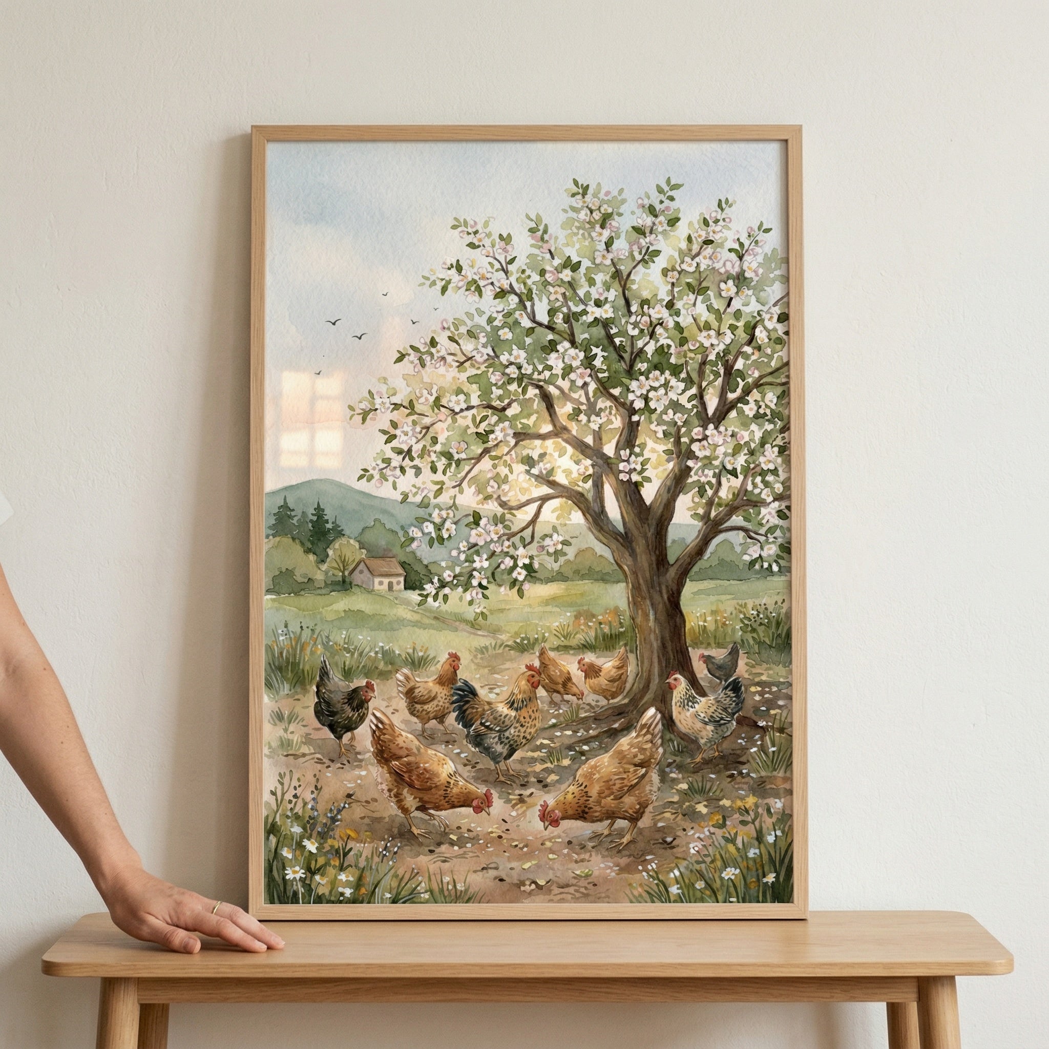 Blossoming Farm Tree Hens Wall Art - Spring Orchard Flock