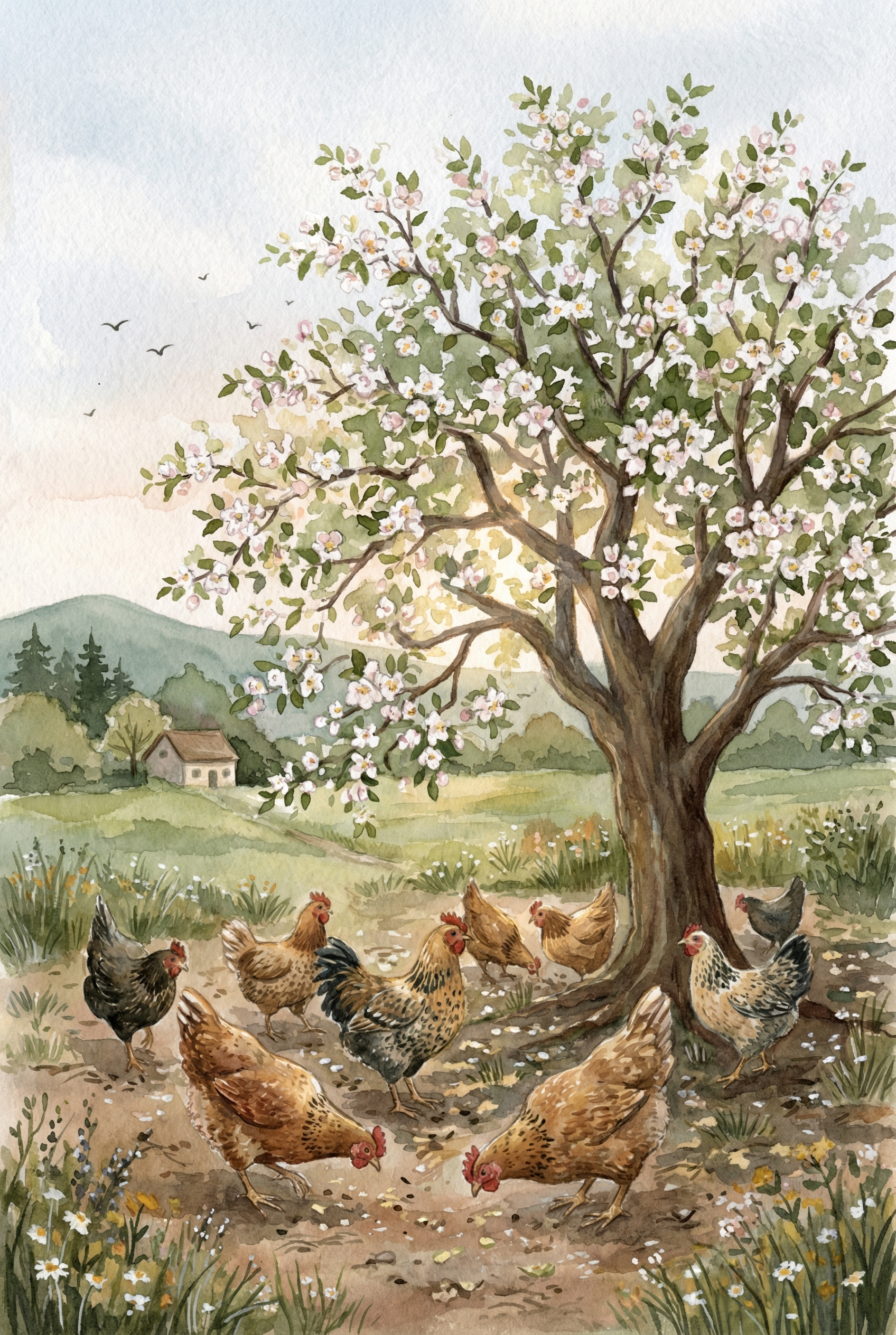 Blossoming Farm Tree Hens Wall Art - Spring Orchard Flock