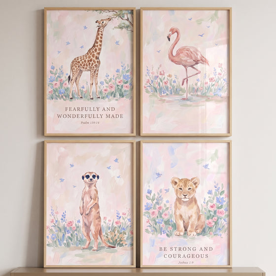 Blossoming petal safari animals wall art set of 4 includes a giraffe, flamingo, meerkat, and lion cub with scripture.