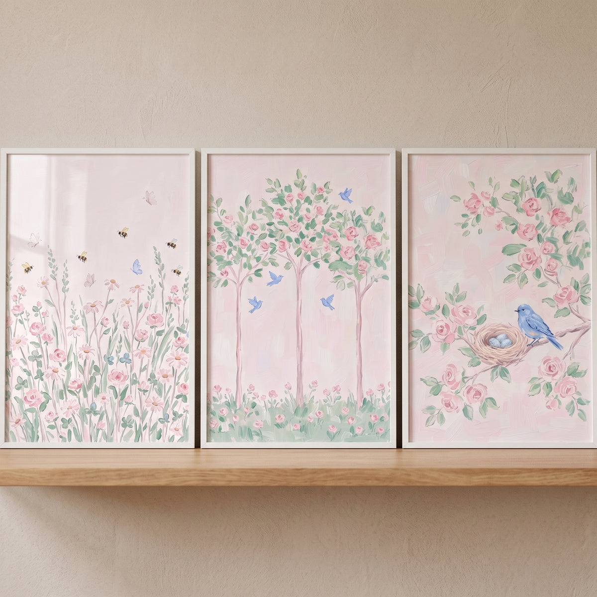Blossoming Pink Rose Garden Wall Art Set Of 3 - Blossoming Spring Garden