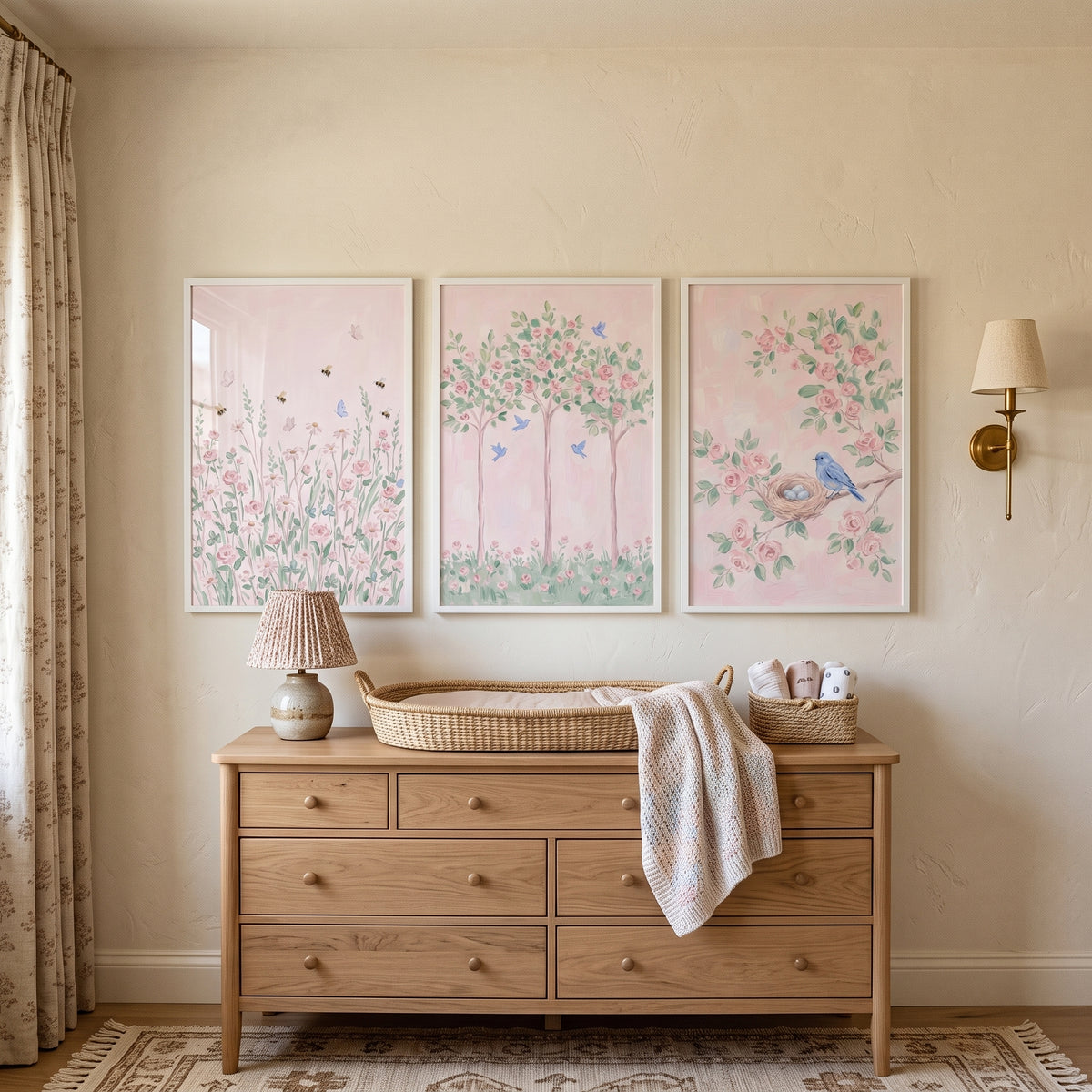 Blossoming Pink Rose Garden Wall Art Set Of 3 - Blossoming Spring Garden