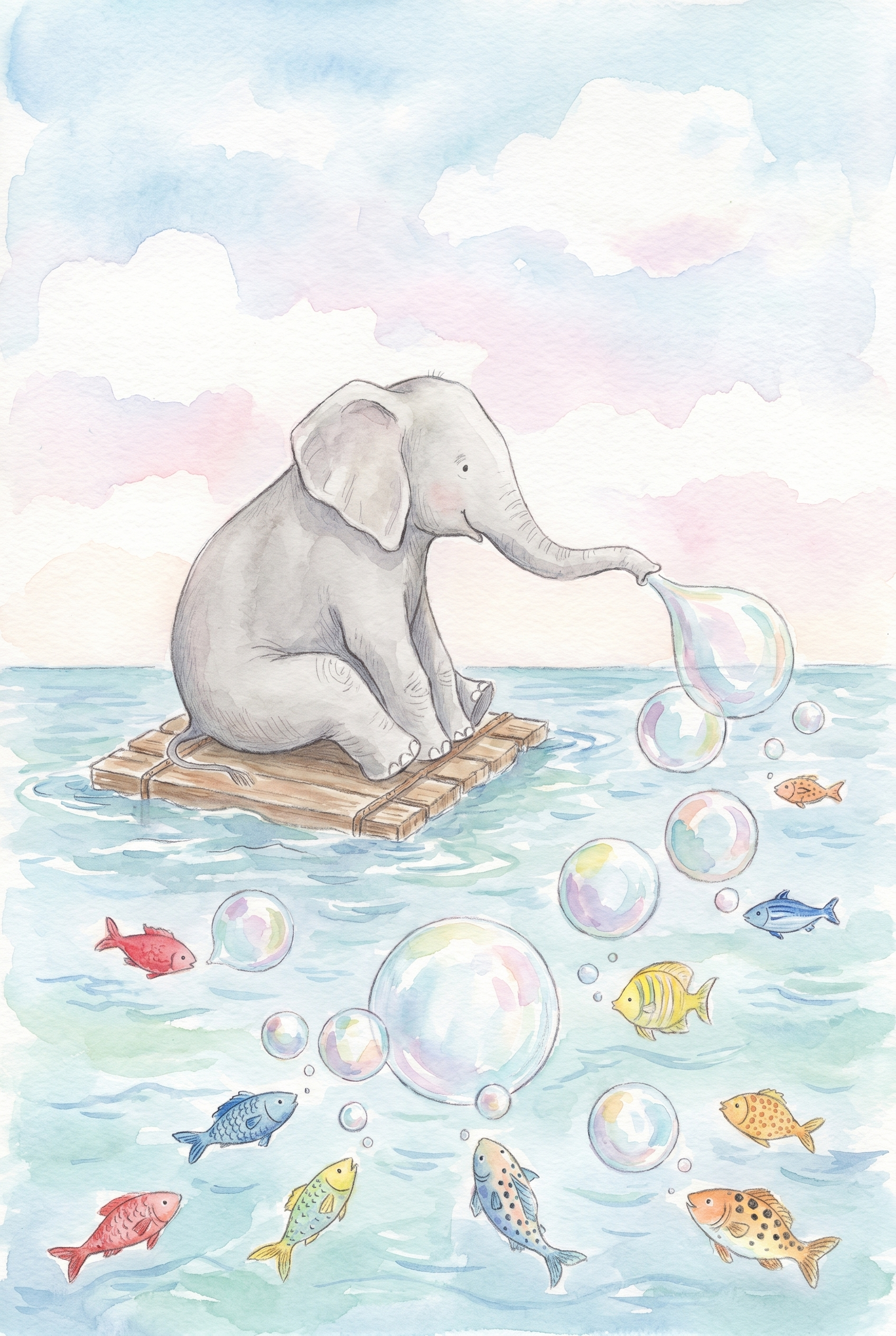 Blowing Bubbles Baby Elephant Wall Art - Floating Bubble Elephant