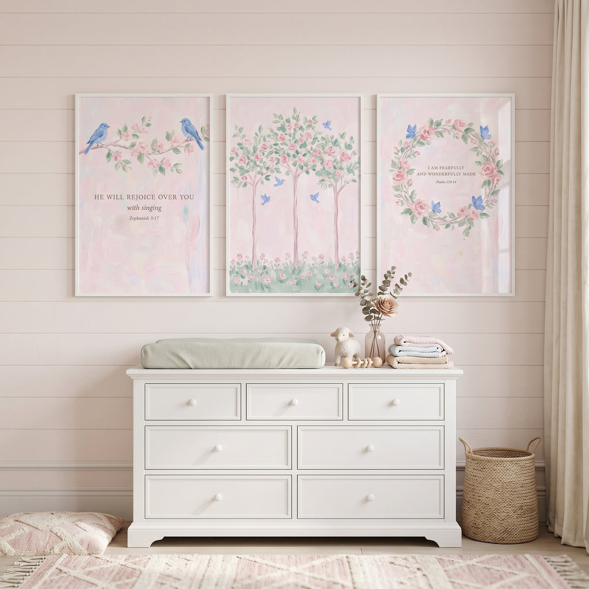 Blue Accent Pink Garden Wall Art Set of 3 - Serene Scripture Blooms