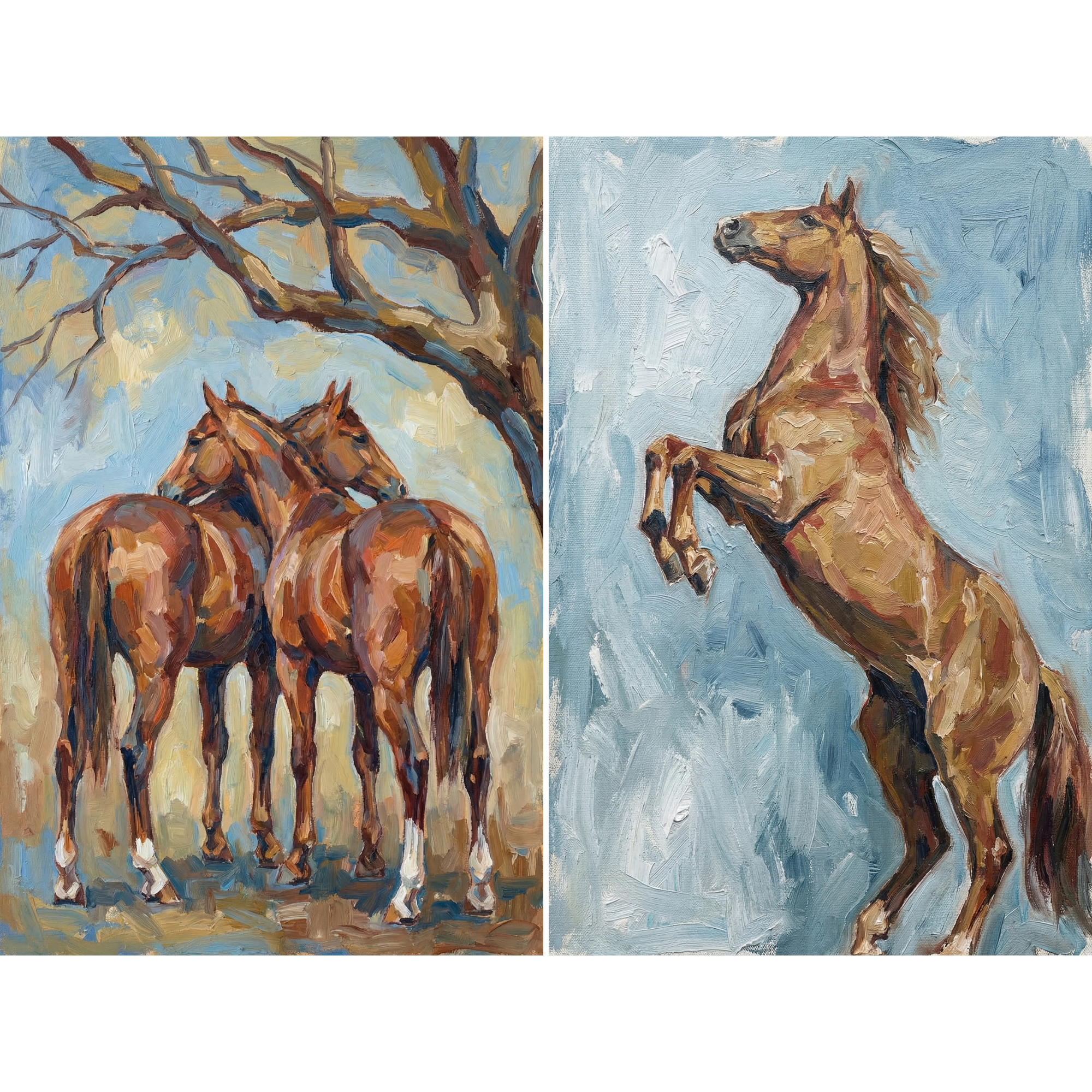 Blue Background Textured Horse Wall Art Set of 2 - Untamed Equine Spirit