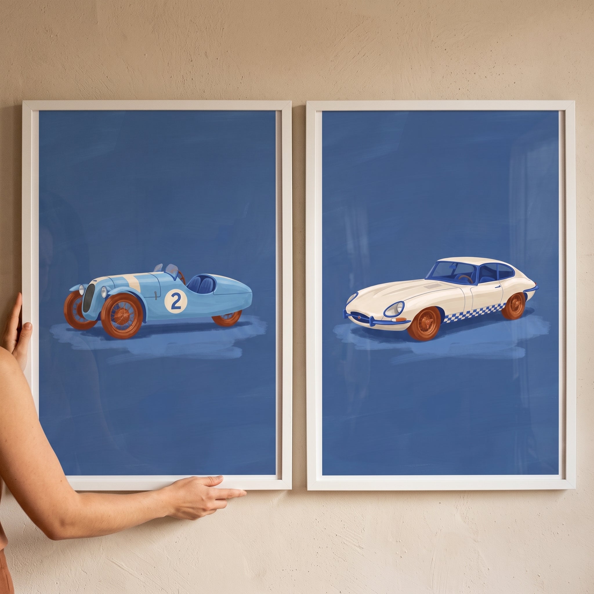 Blue Background Vintage Car Wall Art Set of 2 - Retro Motor Set