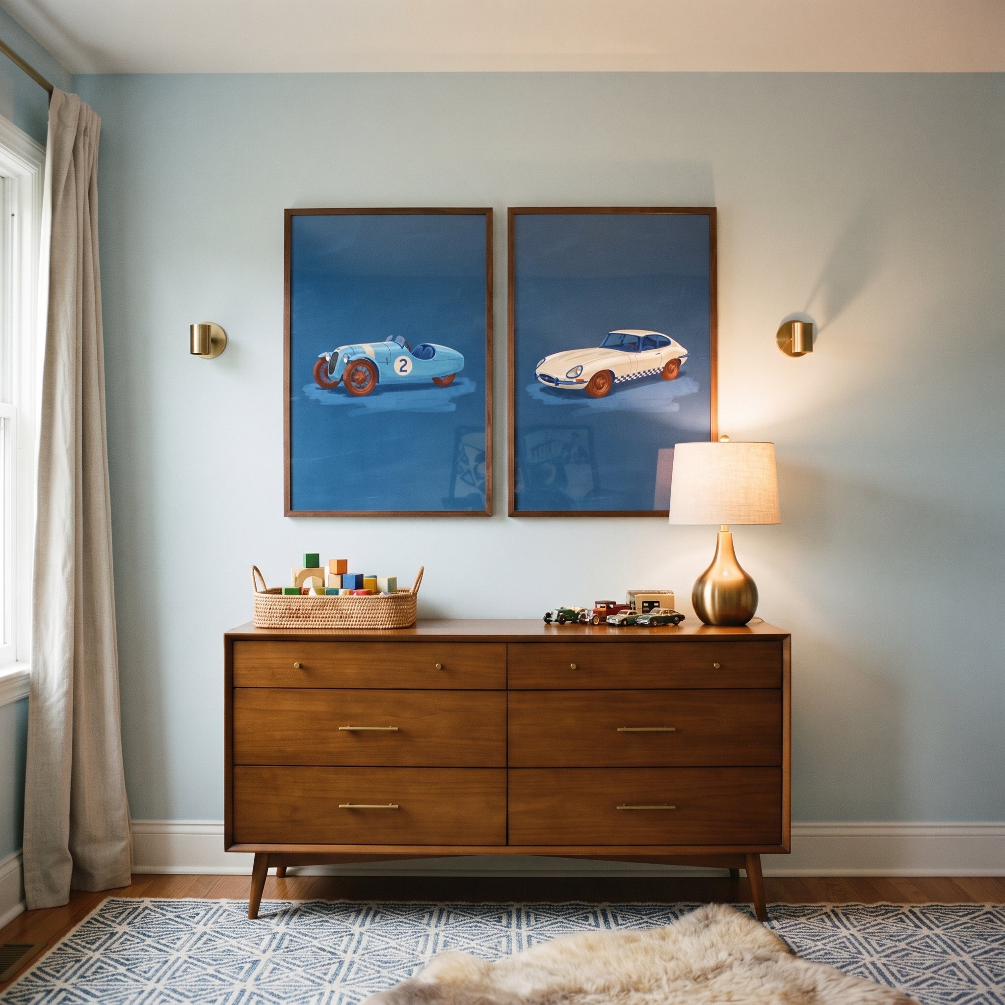Blue Background Vintage Car Wall Art Set of 2 - Retro Motor Set