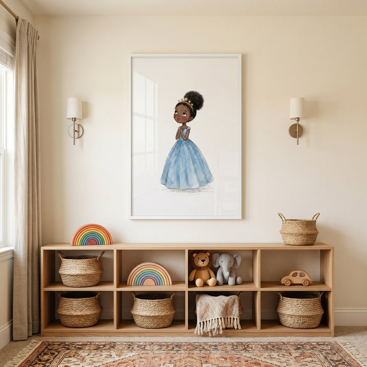 Nursery with blue ball gown girl wall art above a wooden shelf with baskets, stuffed animals, and rainbows.