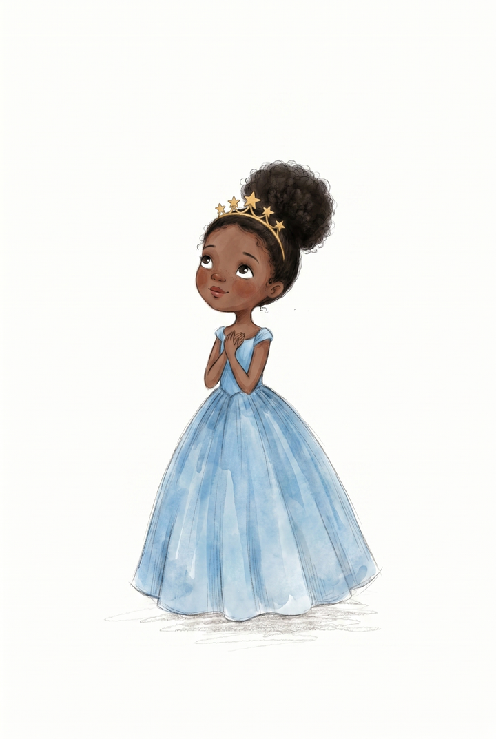 Watercolor blue ball gown girl wall art of a young Black girl with a star crown looking up on a white background.