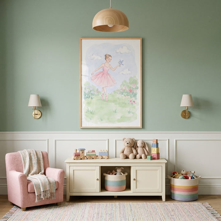 Blue bird ballerina wall art hangs over a cream bench and pink armchair in a green nursery with a wooden dome light.