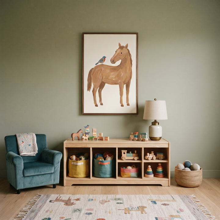 Blue bird brown horse wall art hangs above a wooden shelf in a green nursery with a blue armchair and patterned rug.