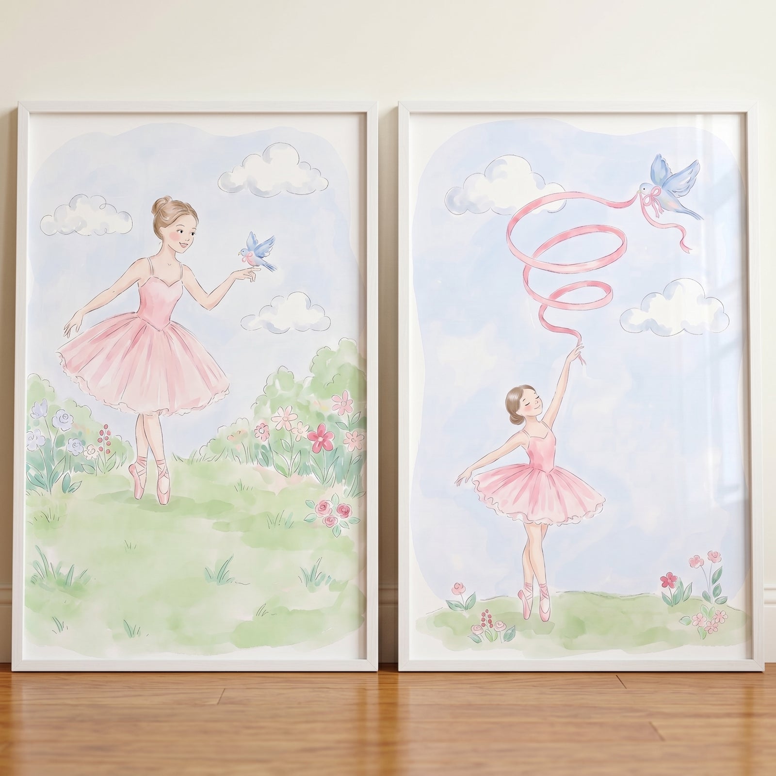 Blue bird pink ballerina wall art set of 2 features watercolor illustrations of girls in tutus dancing with blue birds.