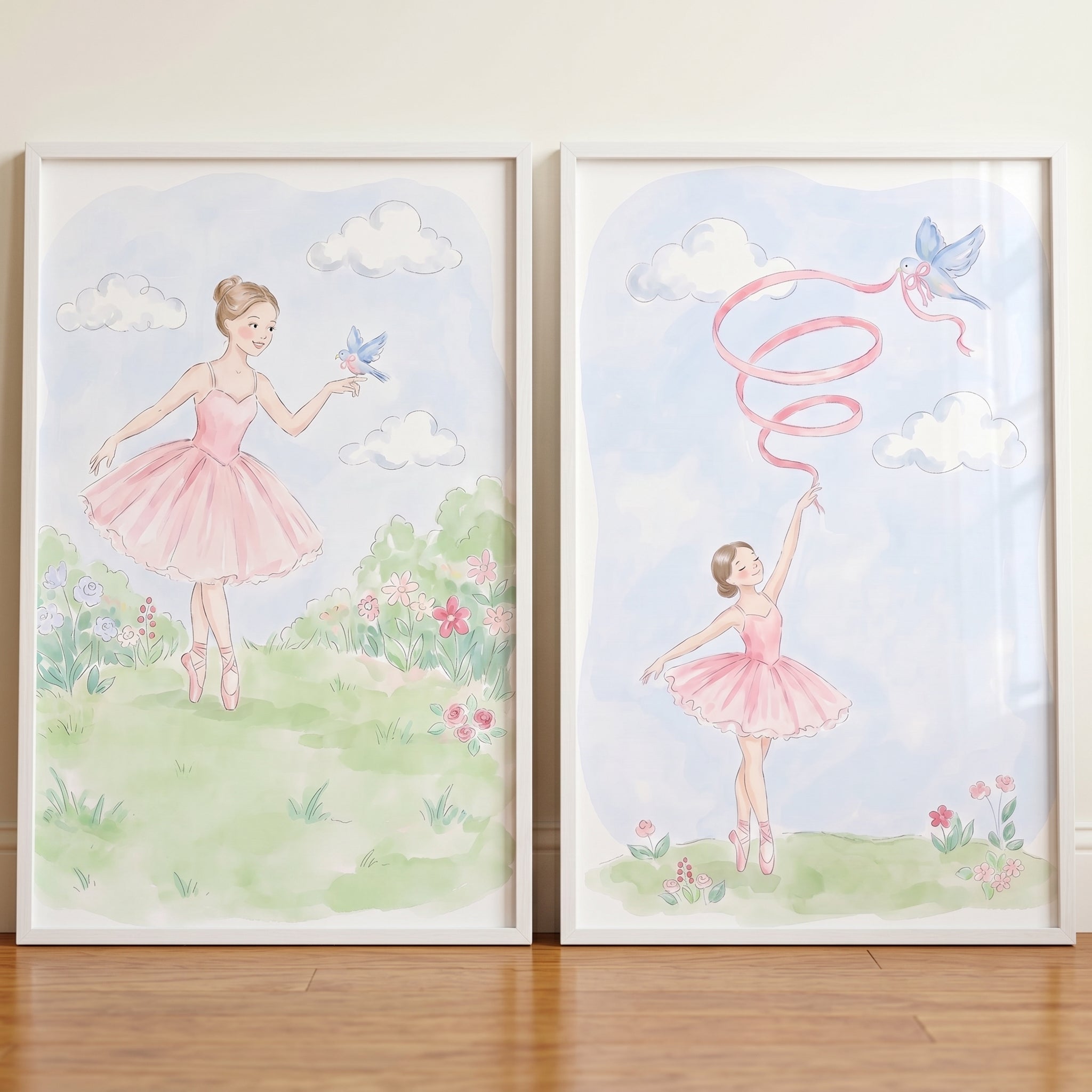 Blue Bird Pink Ballerina Wall Art Set Of 2 - Whimsical Ballet Duo
