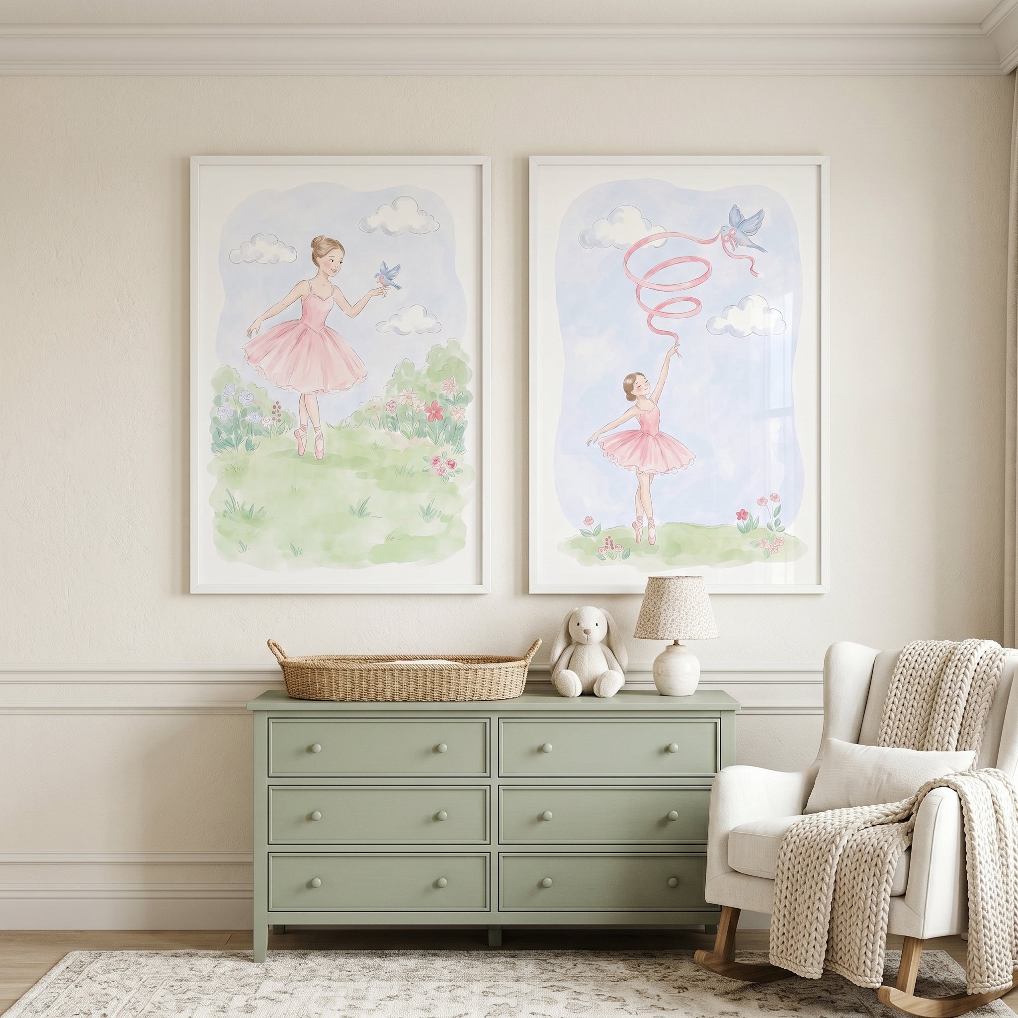 Blue Bird Pink Ballerina Wall Art Set Of 2 - Whimsical Ballet Duo
