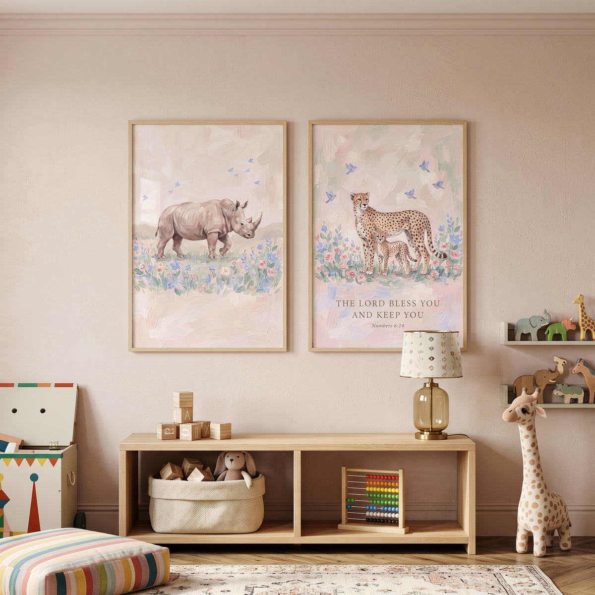 Blue Bird Safari Animals Wall Art Set of 2 - Blessed Savanna Friends