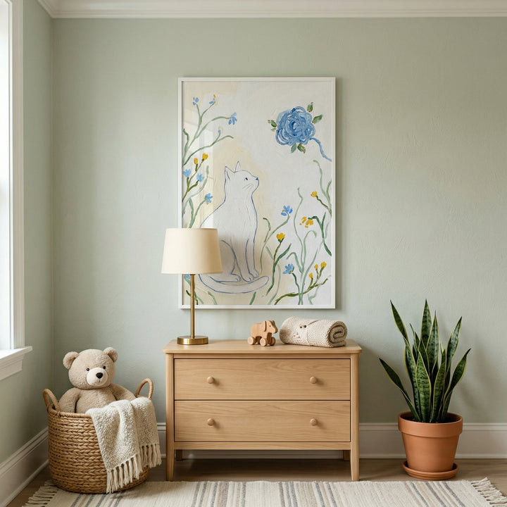 A serene and charming nursery corner is set against a muted sage green wall. Centered above a light wood two-drawer dresser hangs a large, white-framed piece of artwork. The illustration depicts a graceful white cat sitting among slender stalks of blue and yellow wildflowers, with a whimsical blue ball of yarn floating above. 
