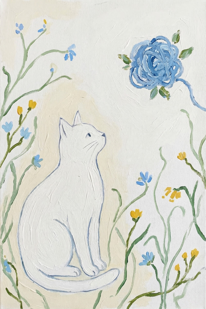  A simple, soft painted white cat sits surrounded by delicate blue and yellow flowers, looking up at a large blue bloom. The minimal background and gentle colors create a quiet, dreamy atmosphere.
