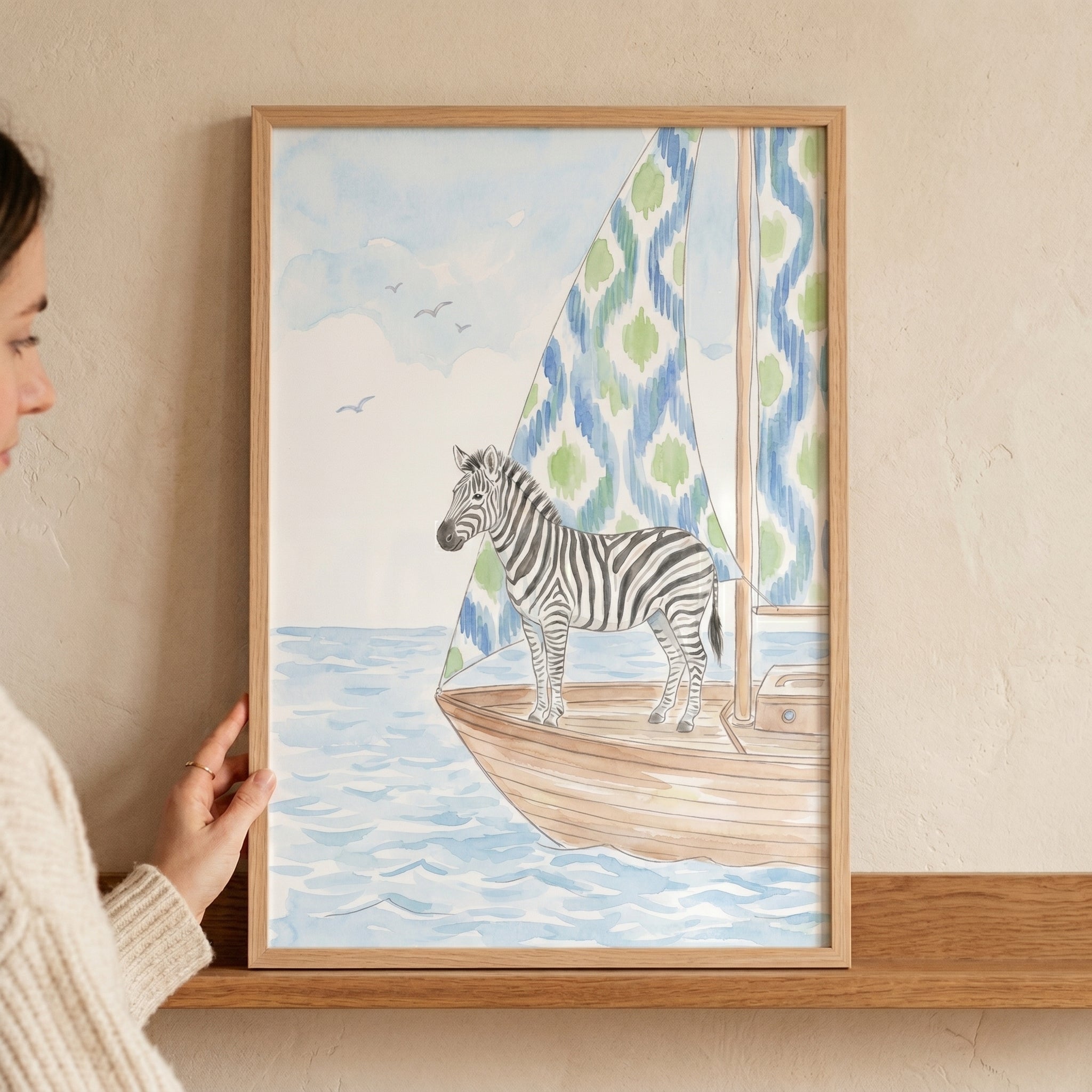 Blue Boat Sail Zebra Wall Art - Striped Sea Voyage