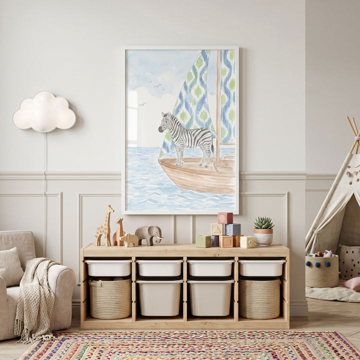 Neutral nursery with blue boat sail zebra wall art above a toy storage unit, cloud wall light, and canvas teepee.