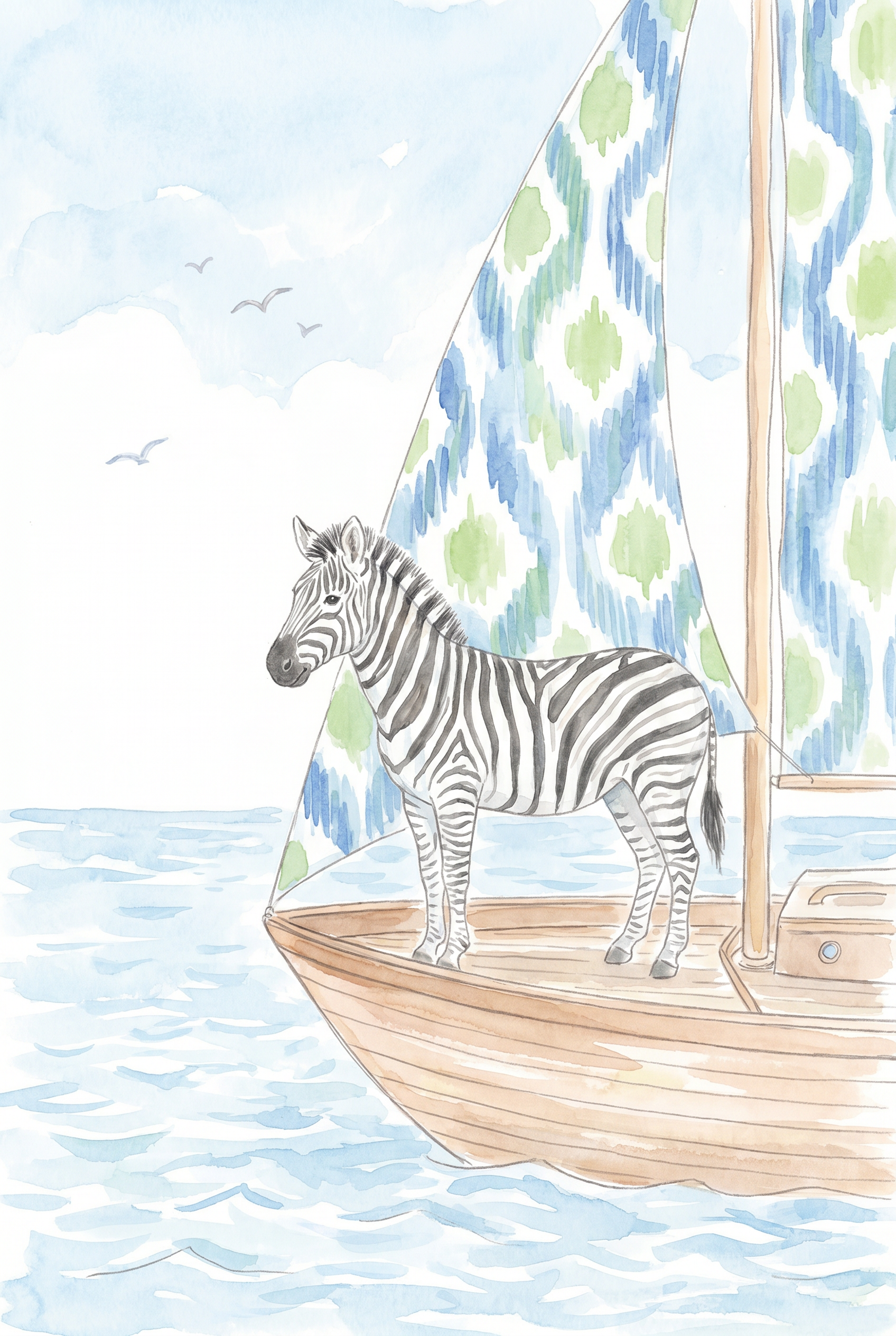 Blue Boat Sail Zebra Wall Art - Striped Sea Voyage