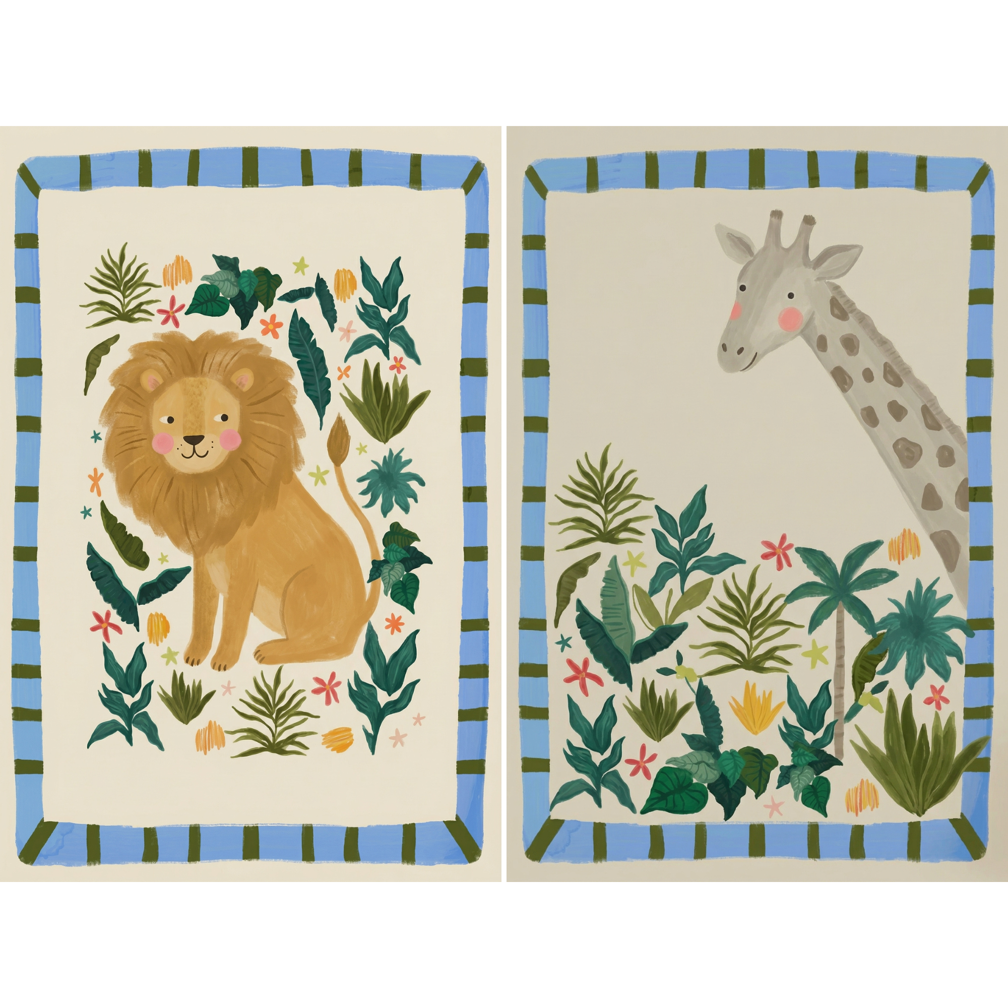 Blue Border Safari Animal Wall Art Set of 2 - Safari Animal Friends