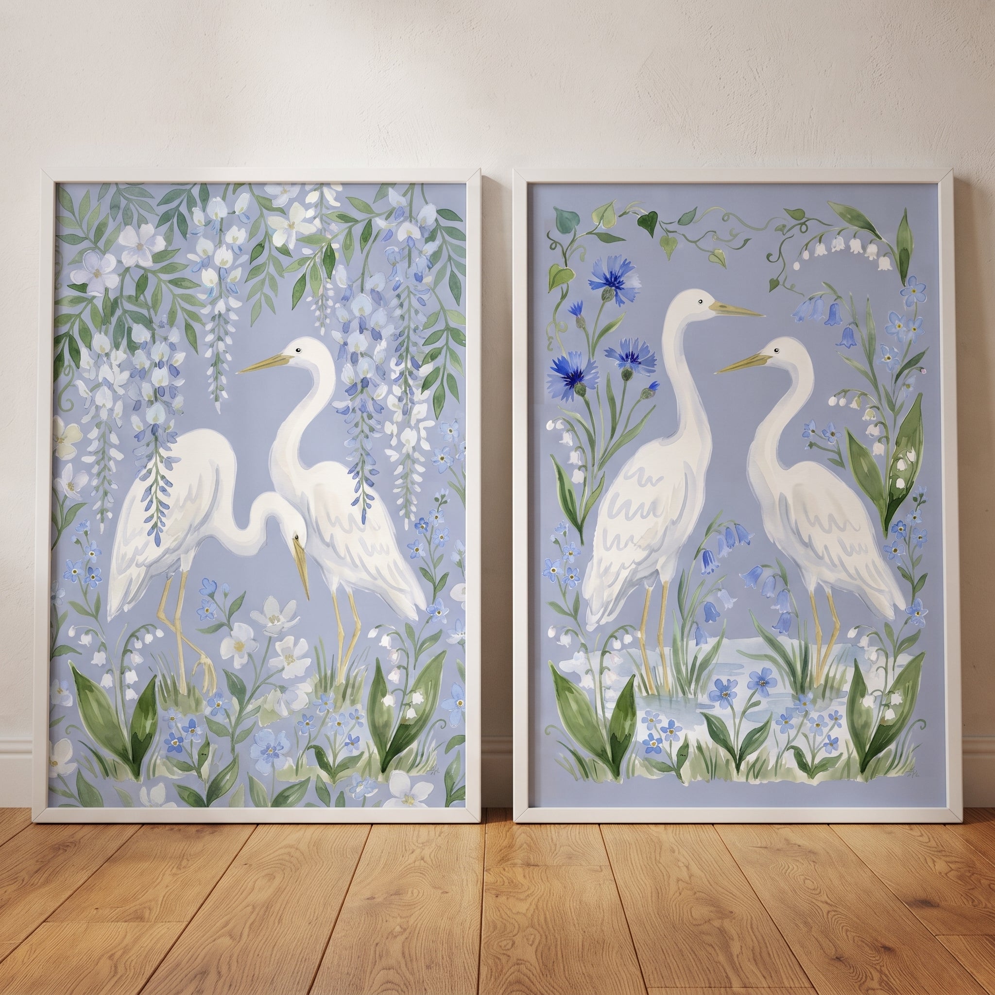 Blue Botanical Garden Egret Bird Wall Art Set of 2 - Serene Heron Duo