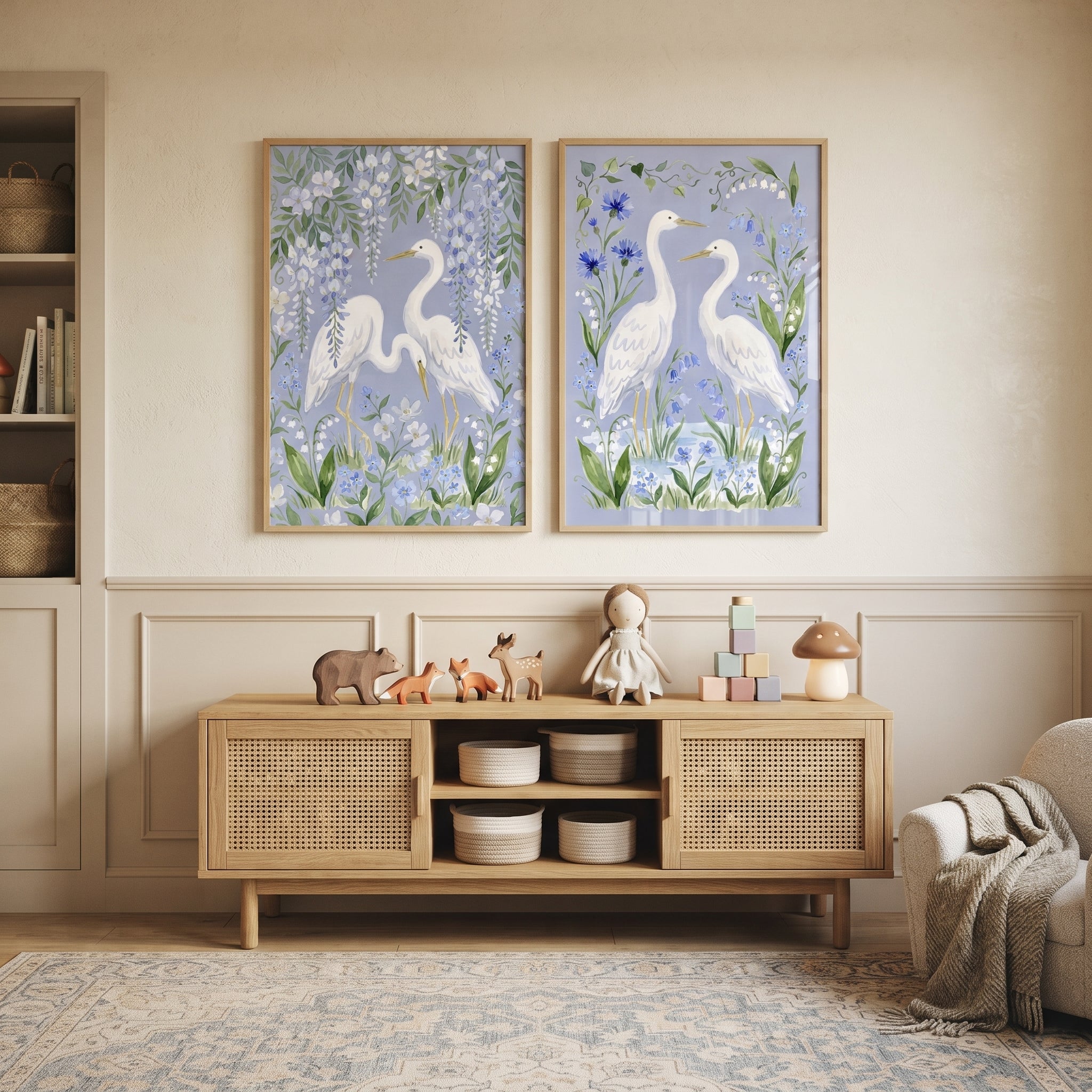 Blue Botanical Garden Egret Bird Wall Art Set of 2 - Serene Heron Duo