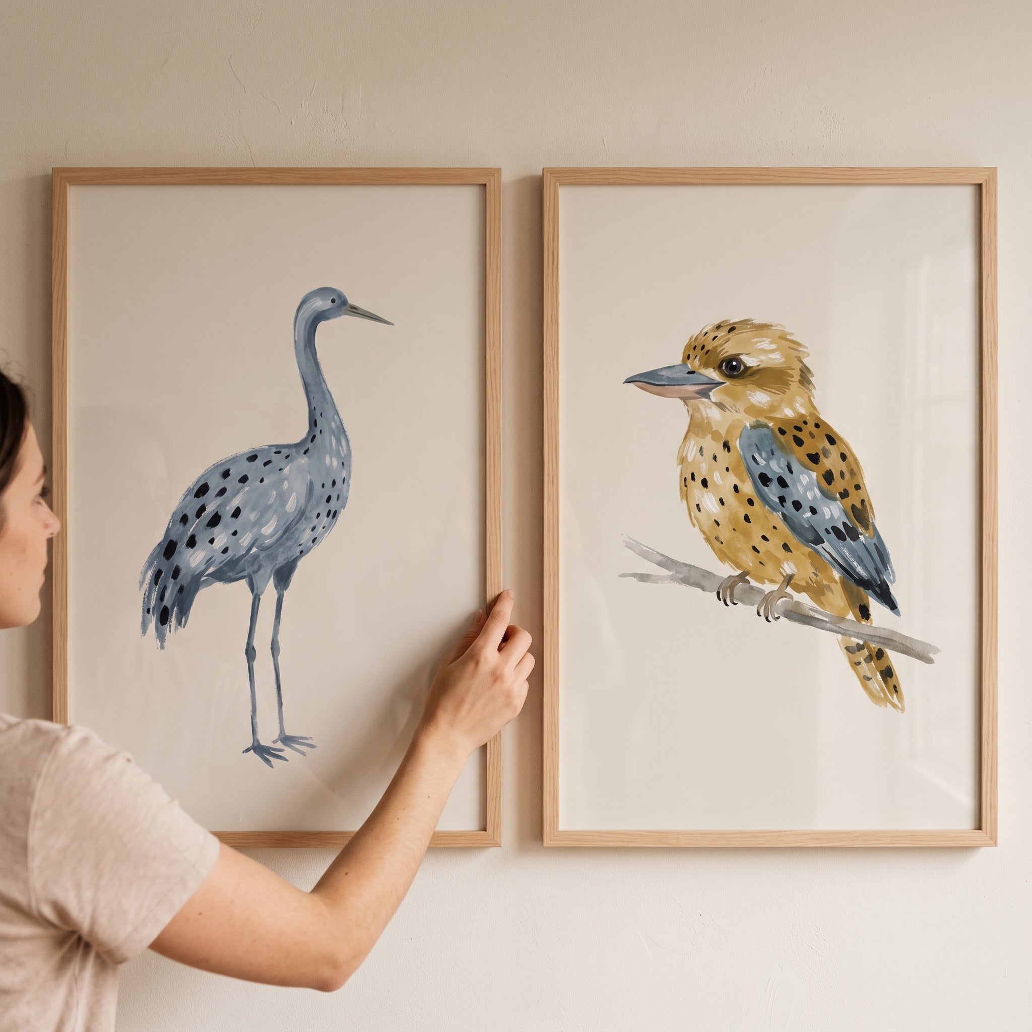 Blue Botanical Spotted Birds Wall Art Set of 2 - Watercolor Bird Duo