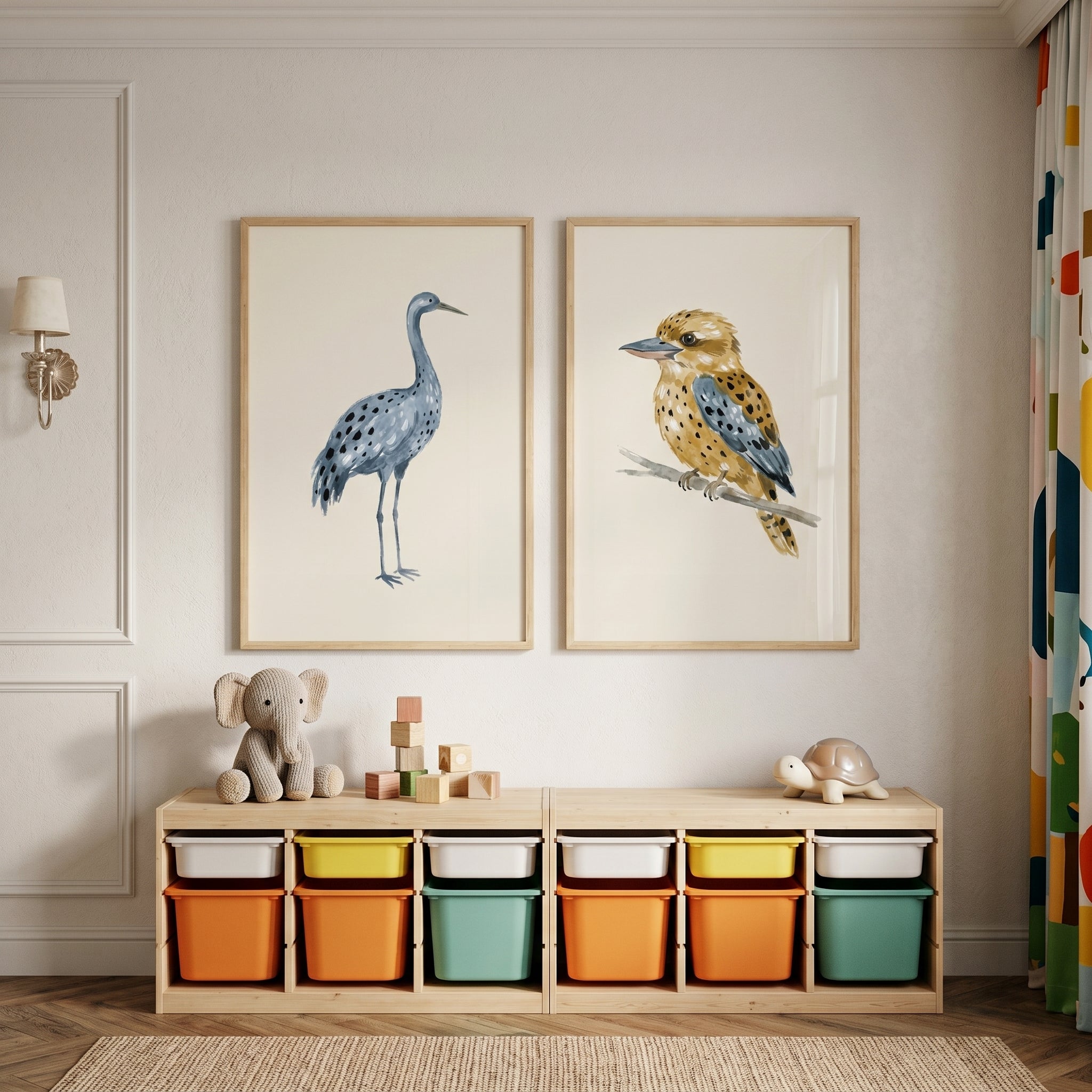 Blue Botanical Spotted Birds Wall Art Set of 2 - Watercolor Bird Duo