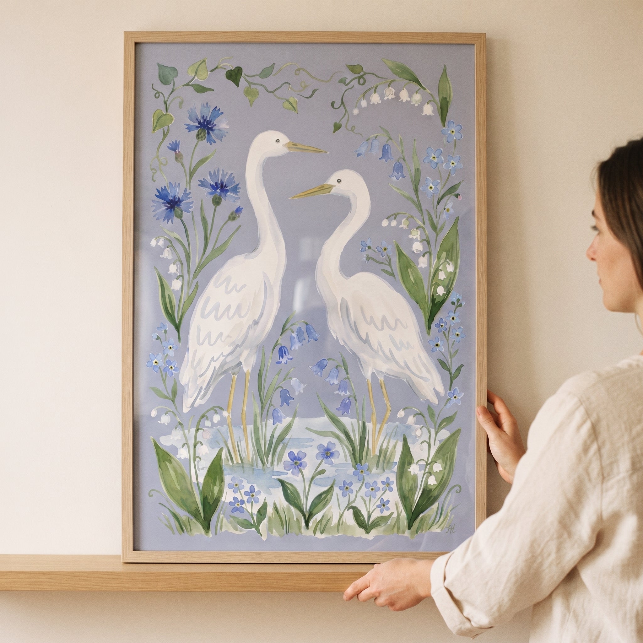 Blue Botanical White Egret Bird Wall Art - Elegant Egret Duo
