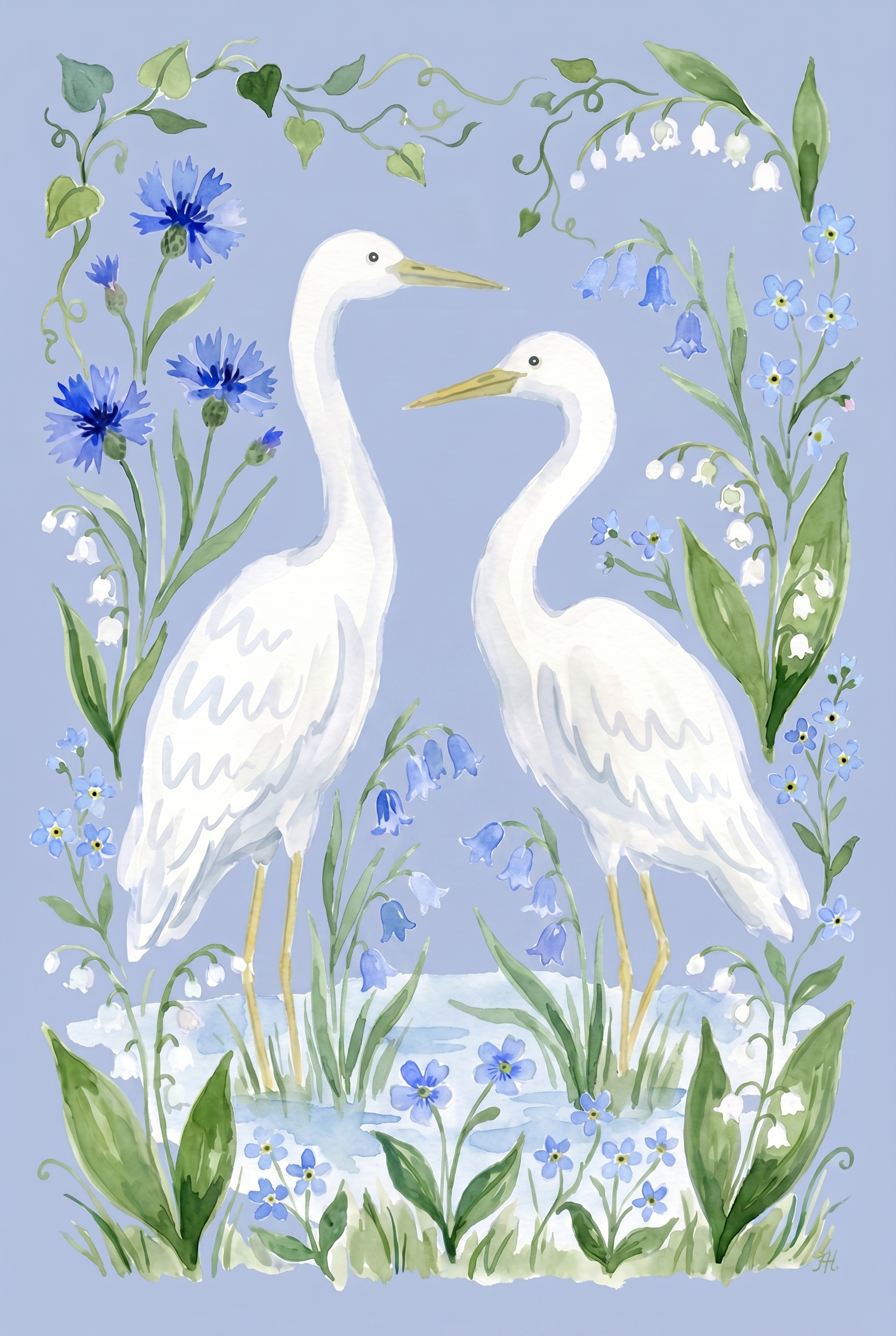 Blue Botanical White Egret Bird Wall Art - Elegant Egret Duo