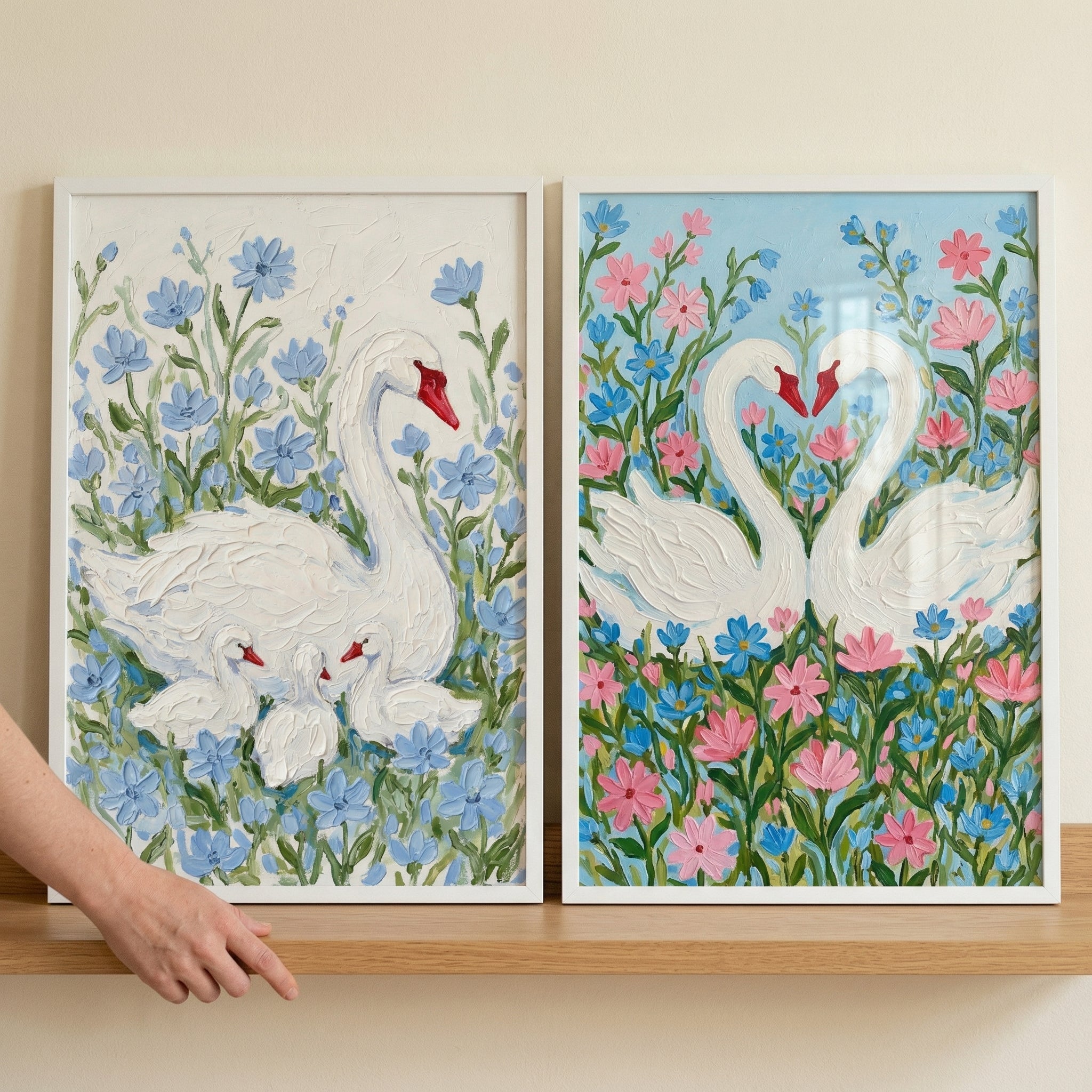 Blue Botanical White Swan Wall Art Set of 2 - Floral Swan Serenity