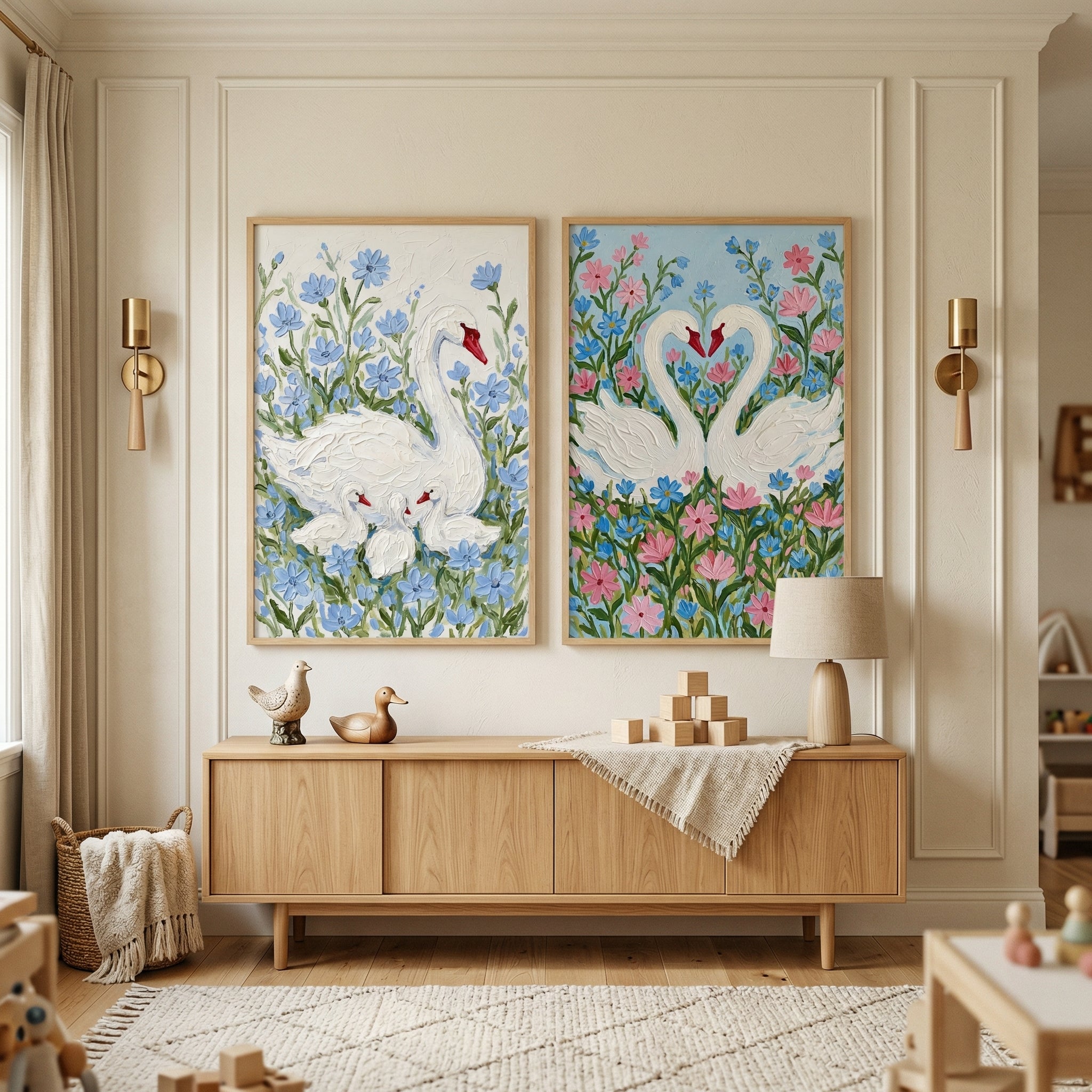 Light wood sideboard styled beneath two framed swan paintings, one showing a swan with cygnets among soft blue flowers and the other showing two swans forming a heart shape surrounded by pink and blue blooms. Warm neutral decor with a table lamp, wooden toys, and soft textiles creates a calm inviting nursery or family space.