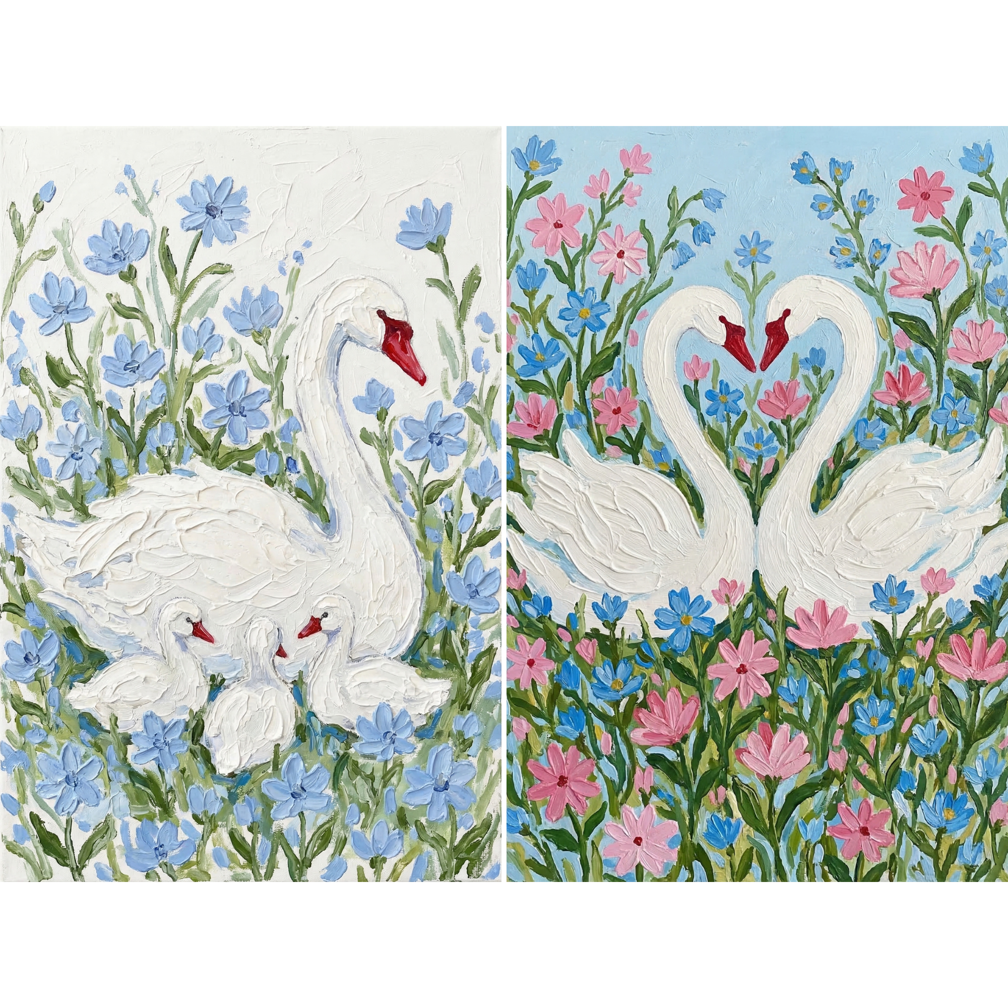 Blue Botanical White Swan Wall Art Set of 2 - Floral Swan Serenity