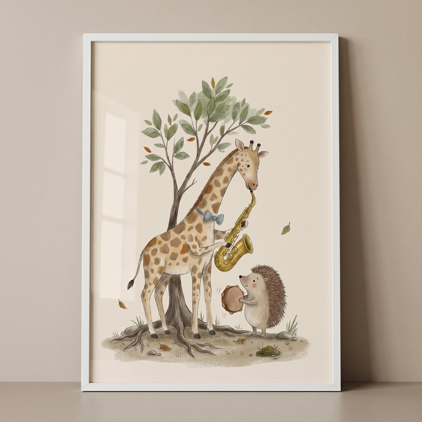 A giraffe plays saxophone and a hedgehog plays tambourine in this blue bow saxophone animals wall art.
