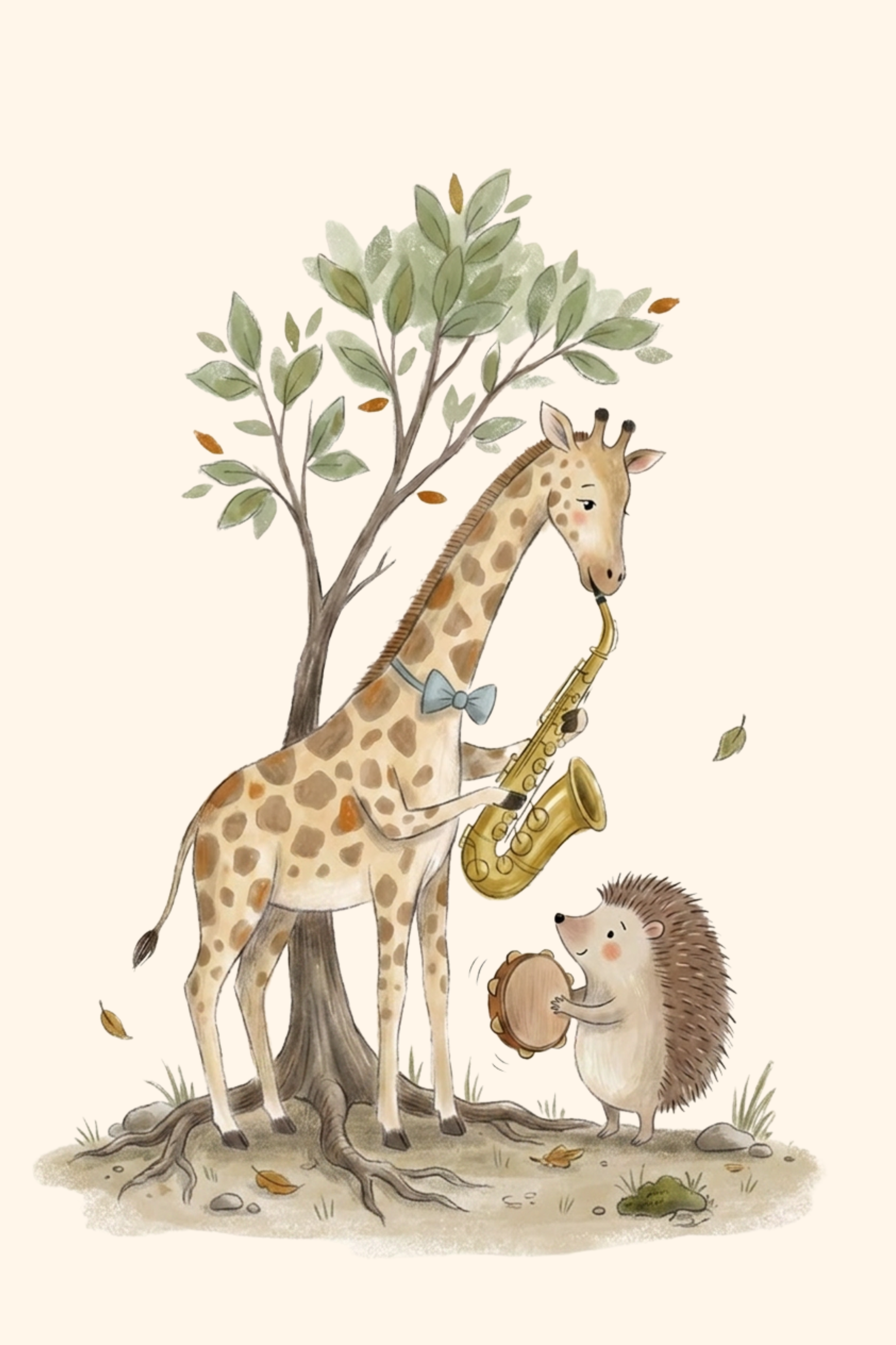 Blue Bow Saxophone Animals Wall Art - Forest Jazz Duet