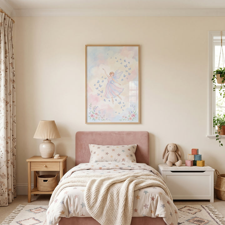 Child's bedroom with a pink bed, star bedding, a toy chest, and blue butterfly fairy wall art on the wall.
