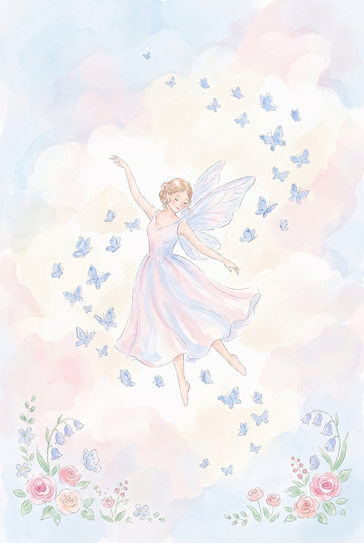 Blue butterfly fairy wall art depicts a winged fairy dancing among pastel clouds and blue butterflies with garden flowers.
